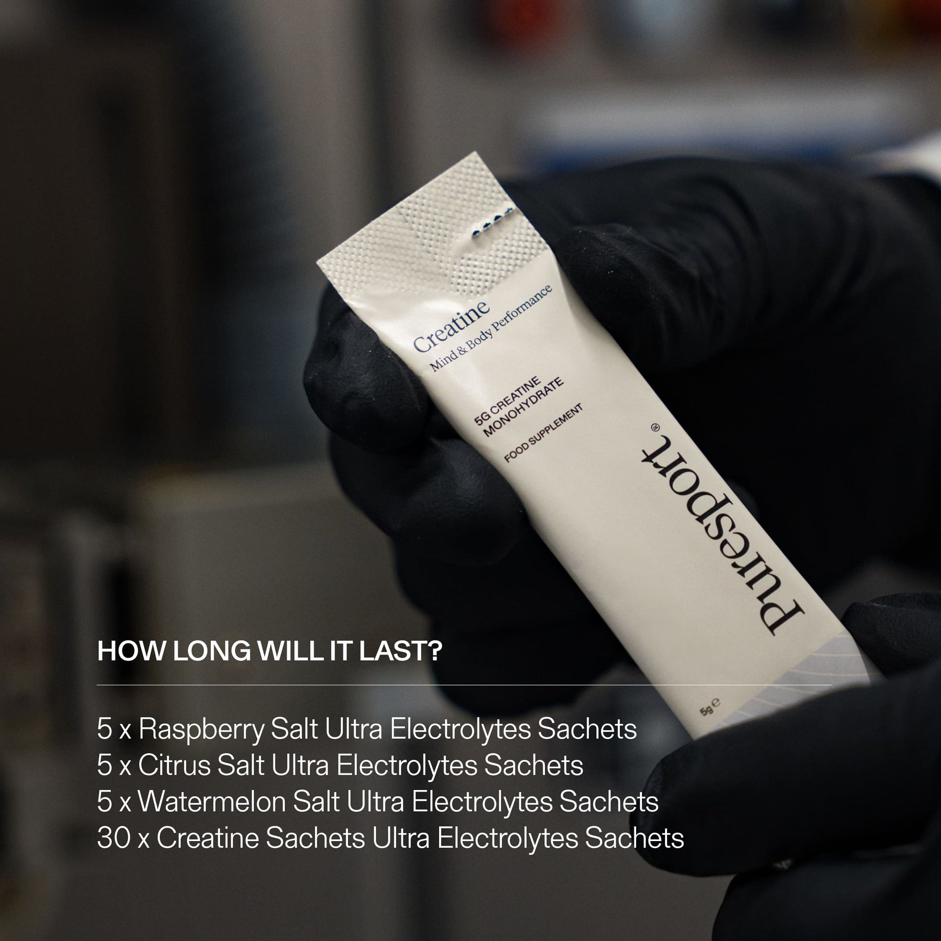 Hand holding a creatine sachet with text about bundle for peak performance by Puresport.
