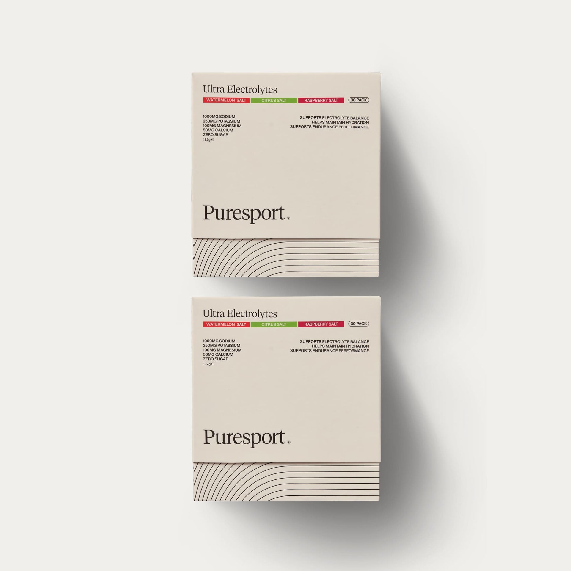 Two boxes of Puresport Ultra Electrolytes 30 Pack Variety, Citrus, Raspberry and Watermelon Salt Flavours.
