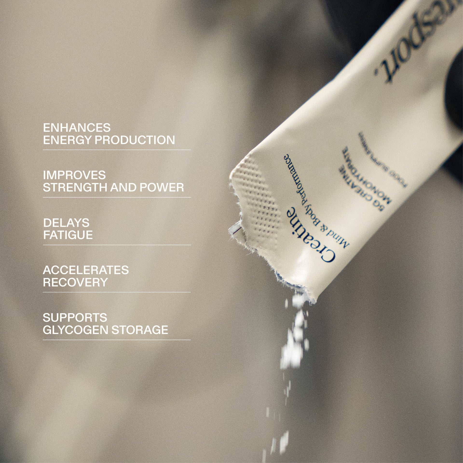 A creatine monohydrate sachet with overlay text of the benefits of taking it each day.