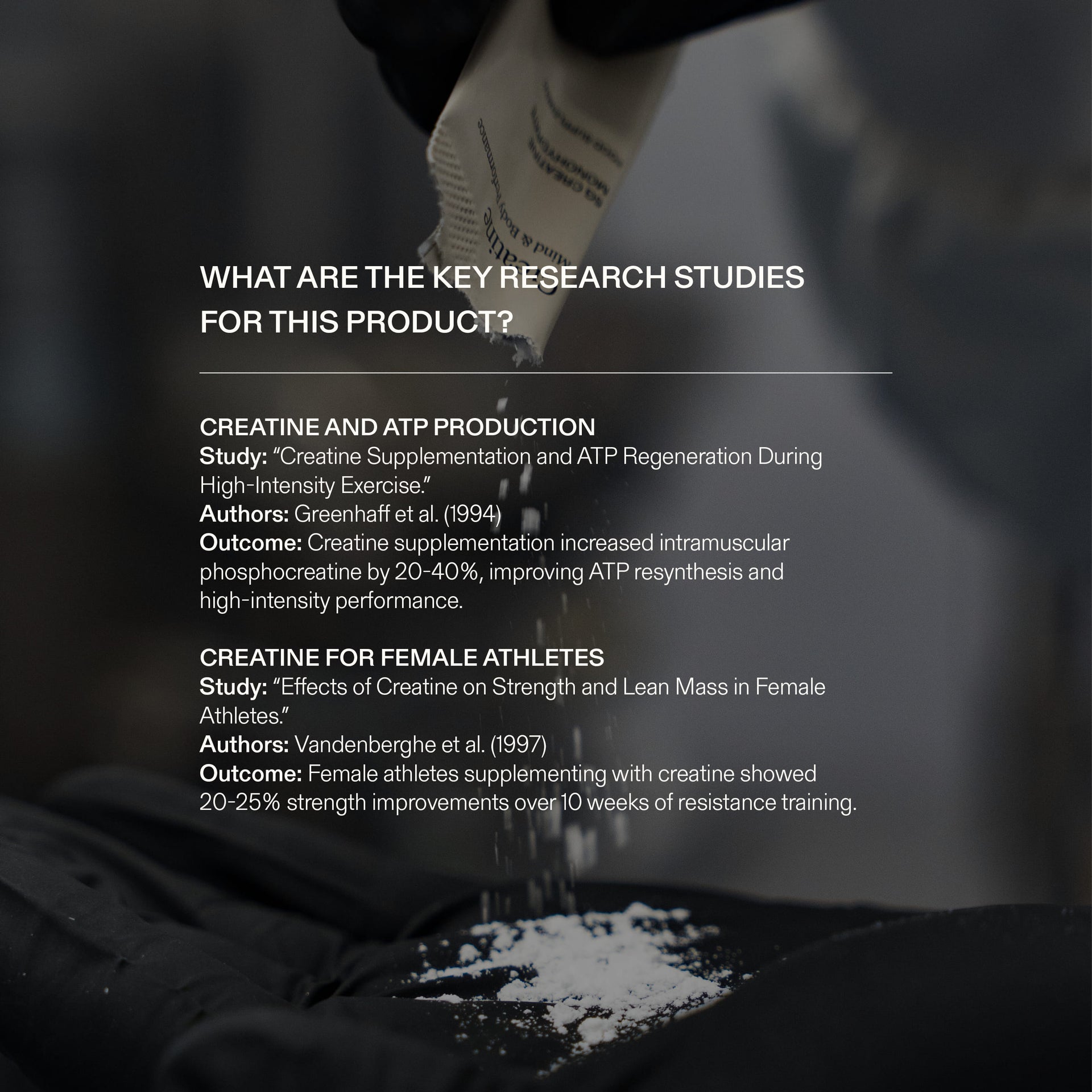 Creatine sachet getting poured out with overlay text of key research studies from this product by Puresport.