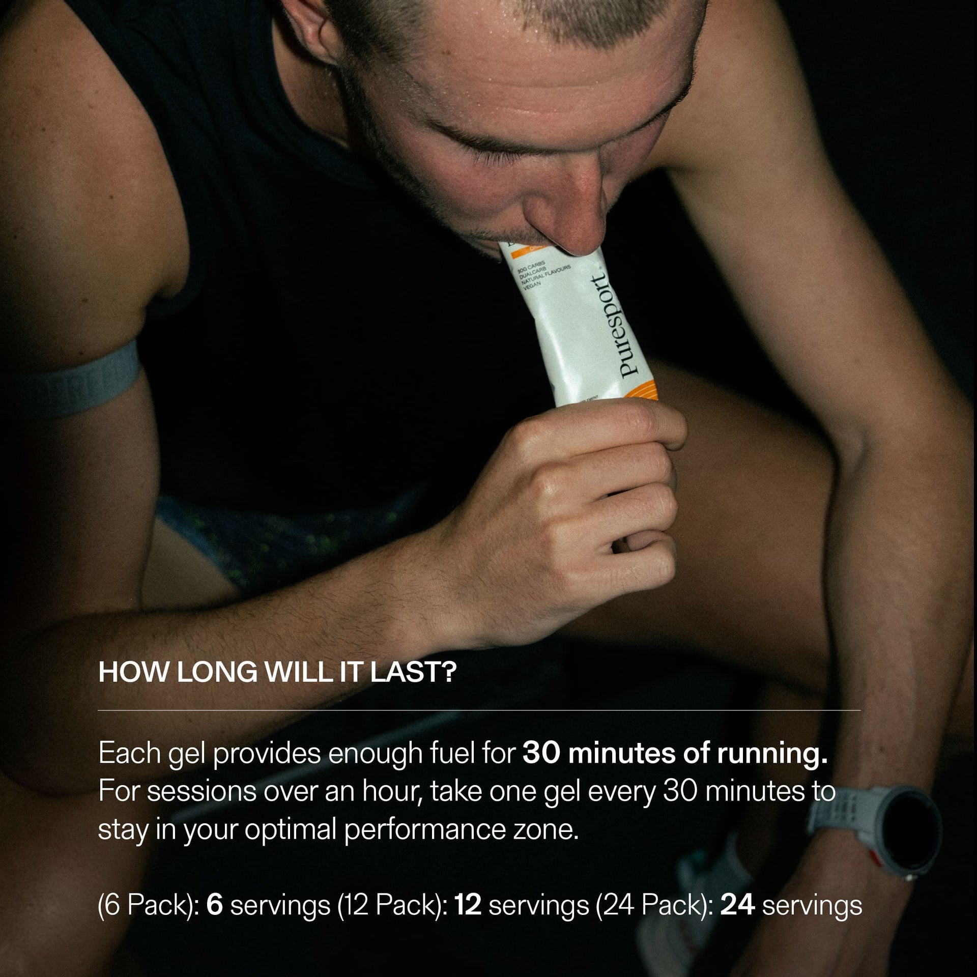 Person holding a Puresport energy gel with text about its duration and when to take them during exercise.