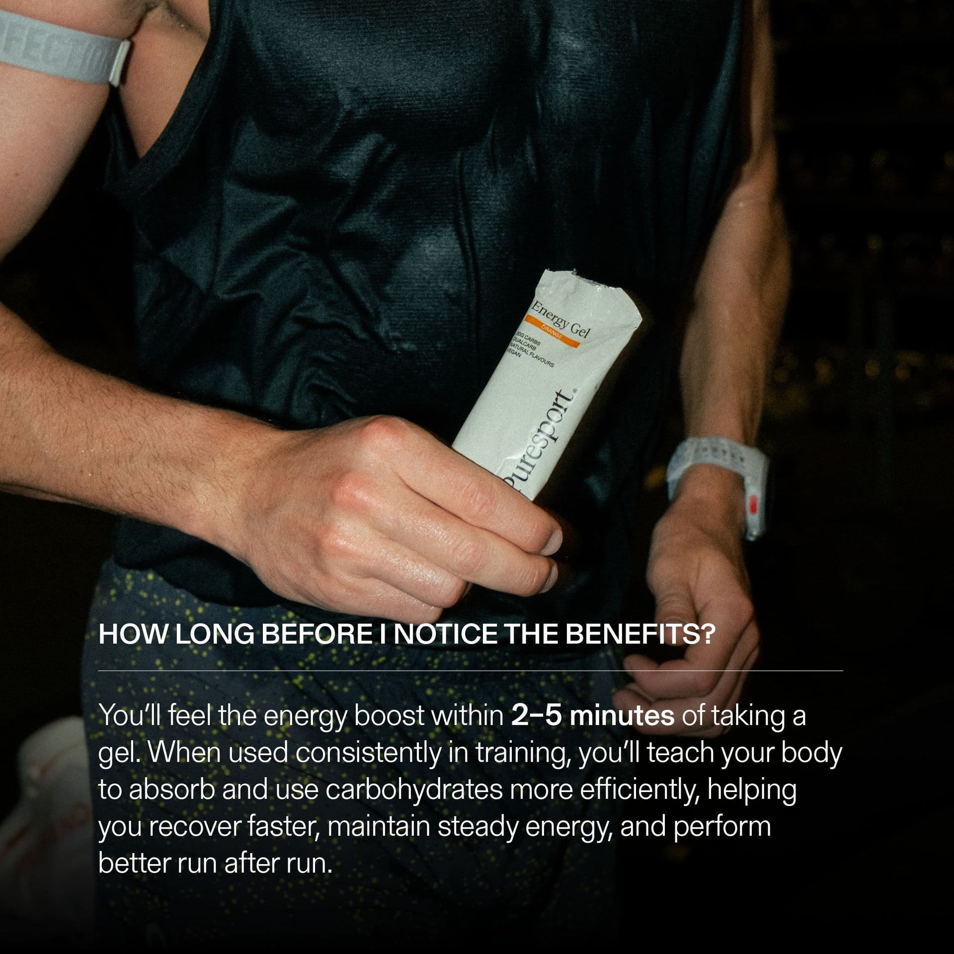 Sweaty runner holding a running gel with text about energy boost and recovery benefits of Puresport Energy Gels.