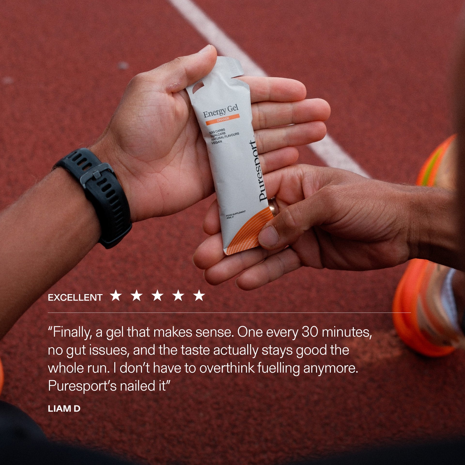 An athlete holding a Puresport energy gel with a positive review text overlay on a sports track background.