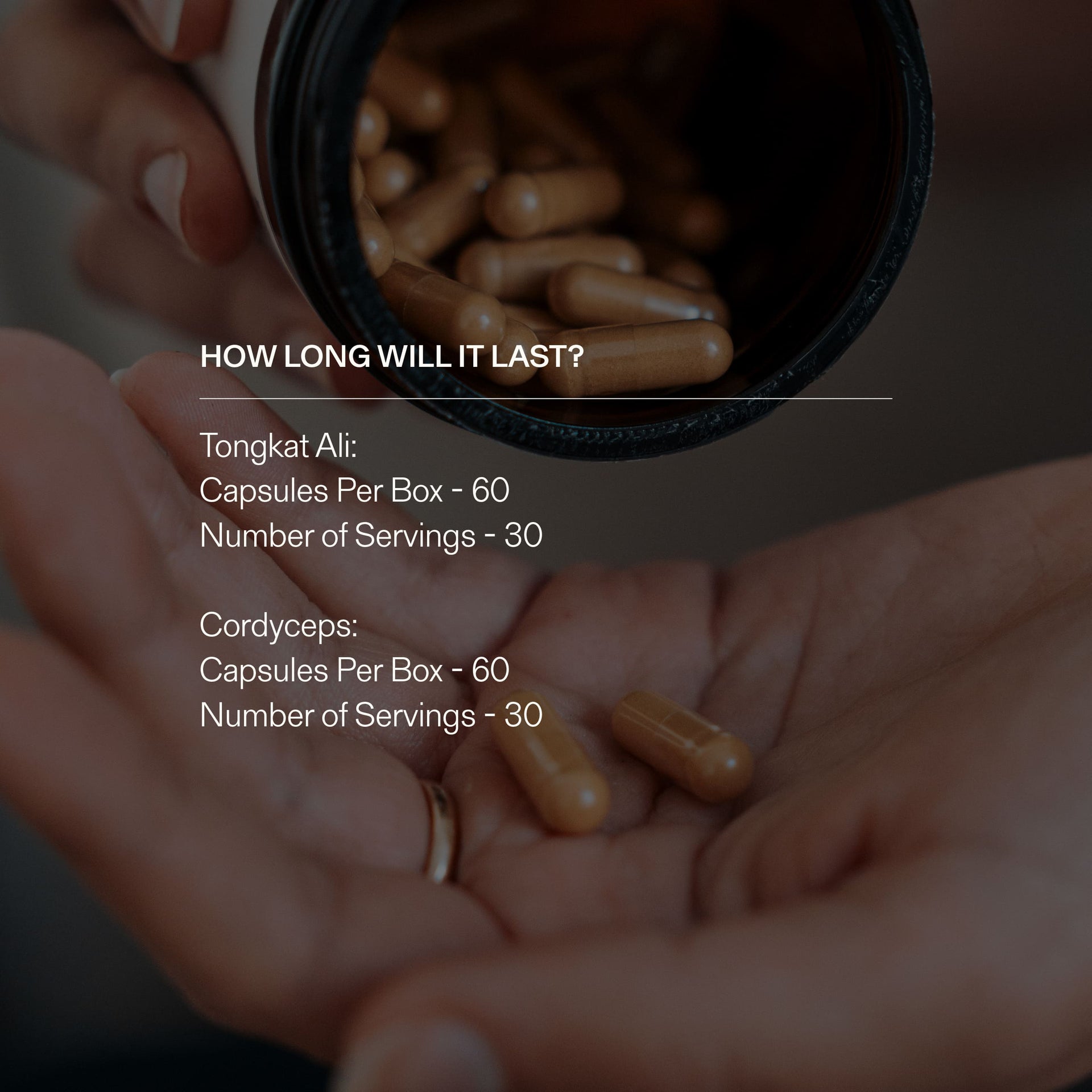 Person holding sleep supplements with product details of Tongkat Ali and Cordyceps.