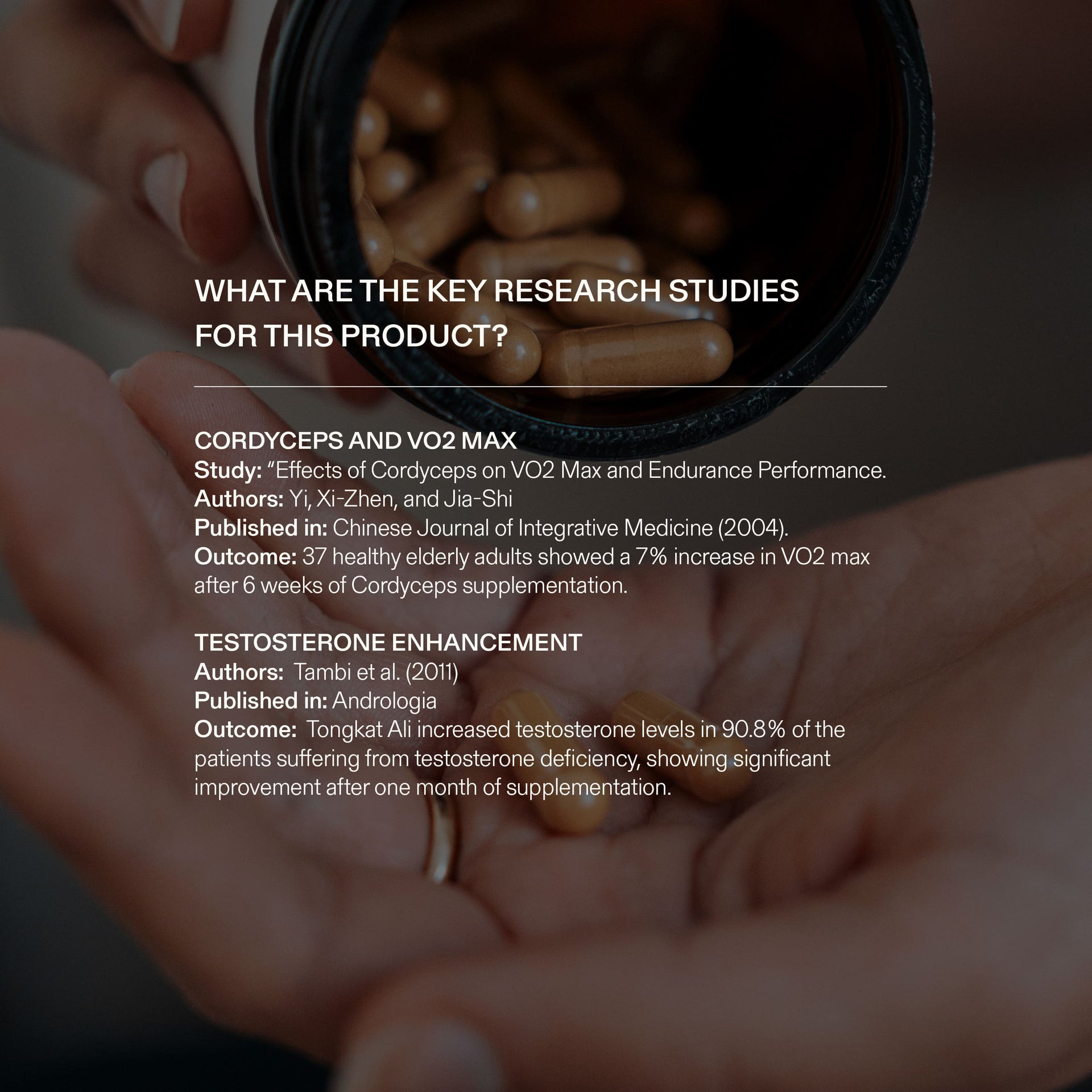 Hand holding supplements with research text overlay of Cordyceps and Tongakat Ali.