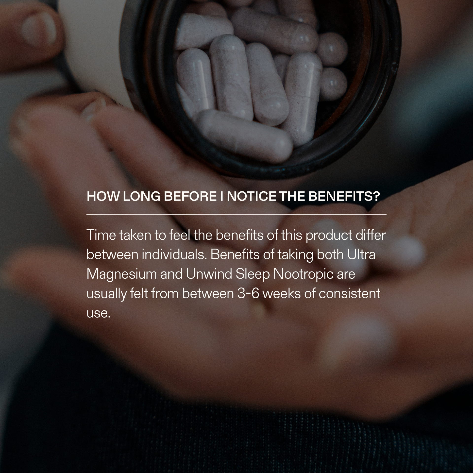 Person holding a container of pills with text about product benefits for Nootropics and Magnesium.