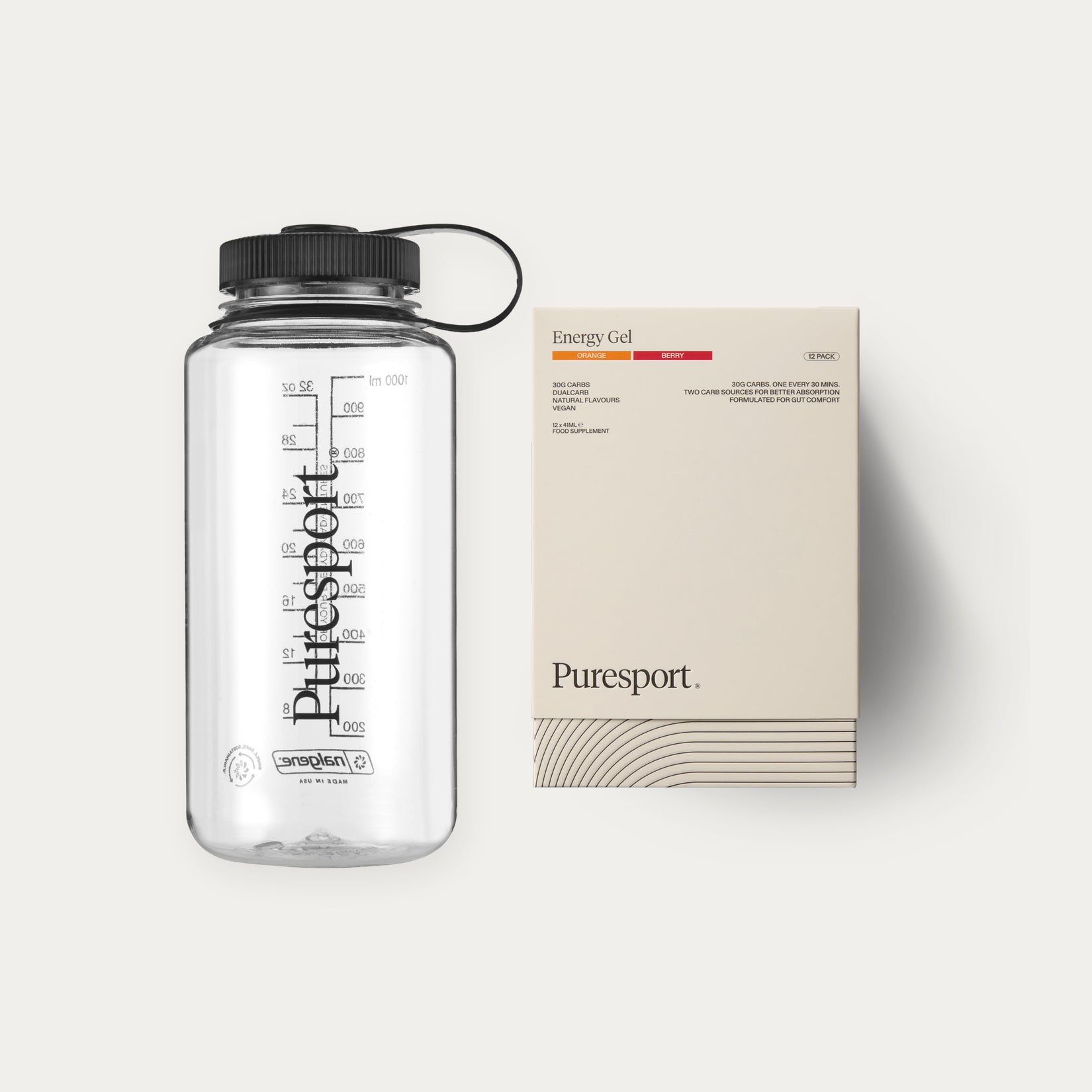 Nalgene clear water bottle and running gels berry and orange flavoured 30g of carbs.