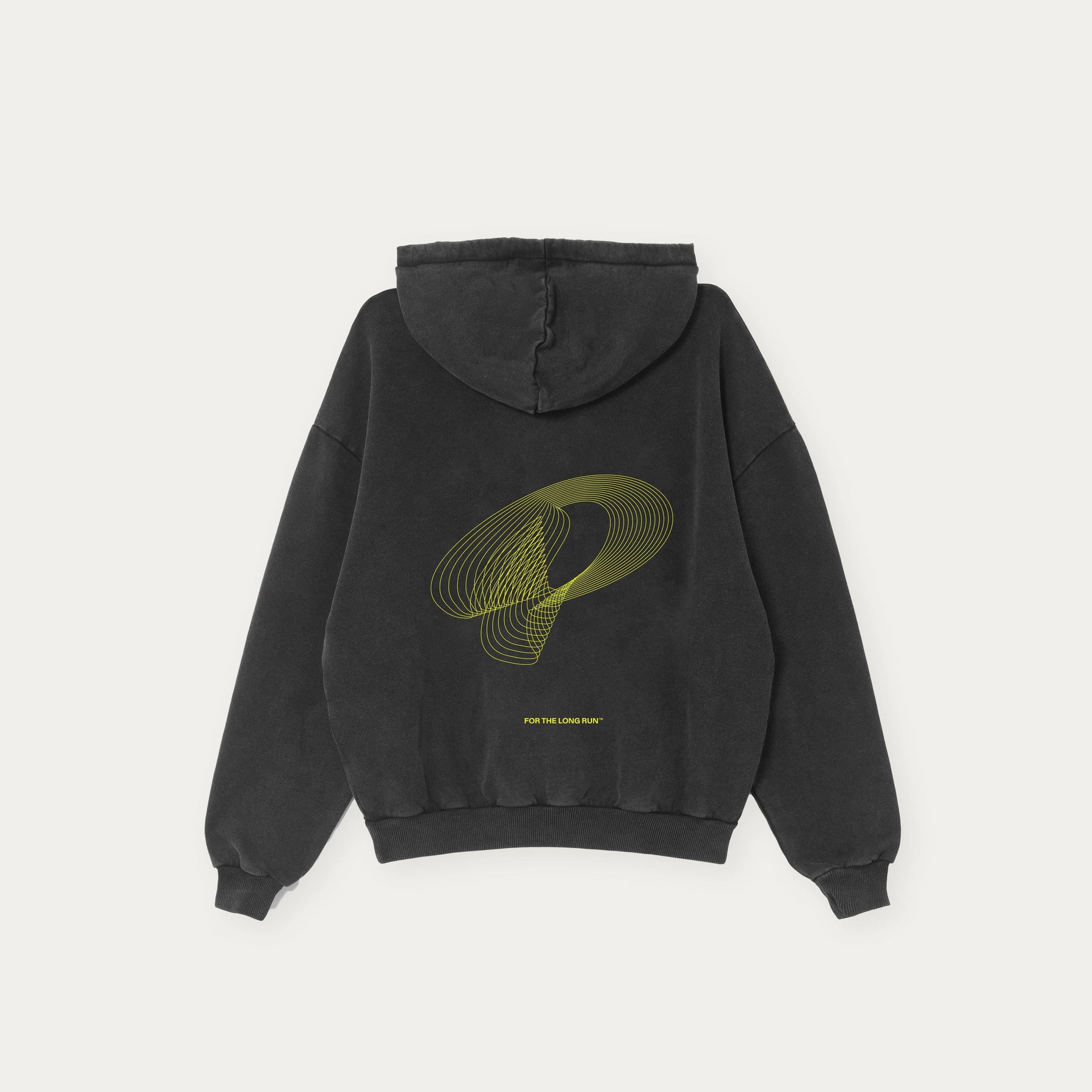 Black running hoodie with a yellow graphic on the back by Puresport
