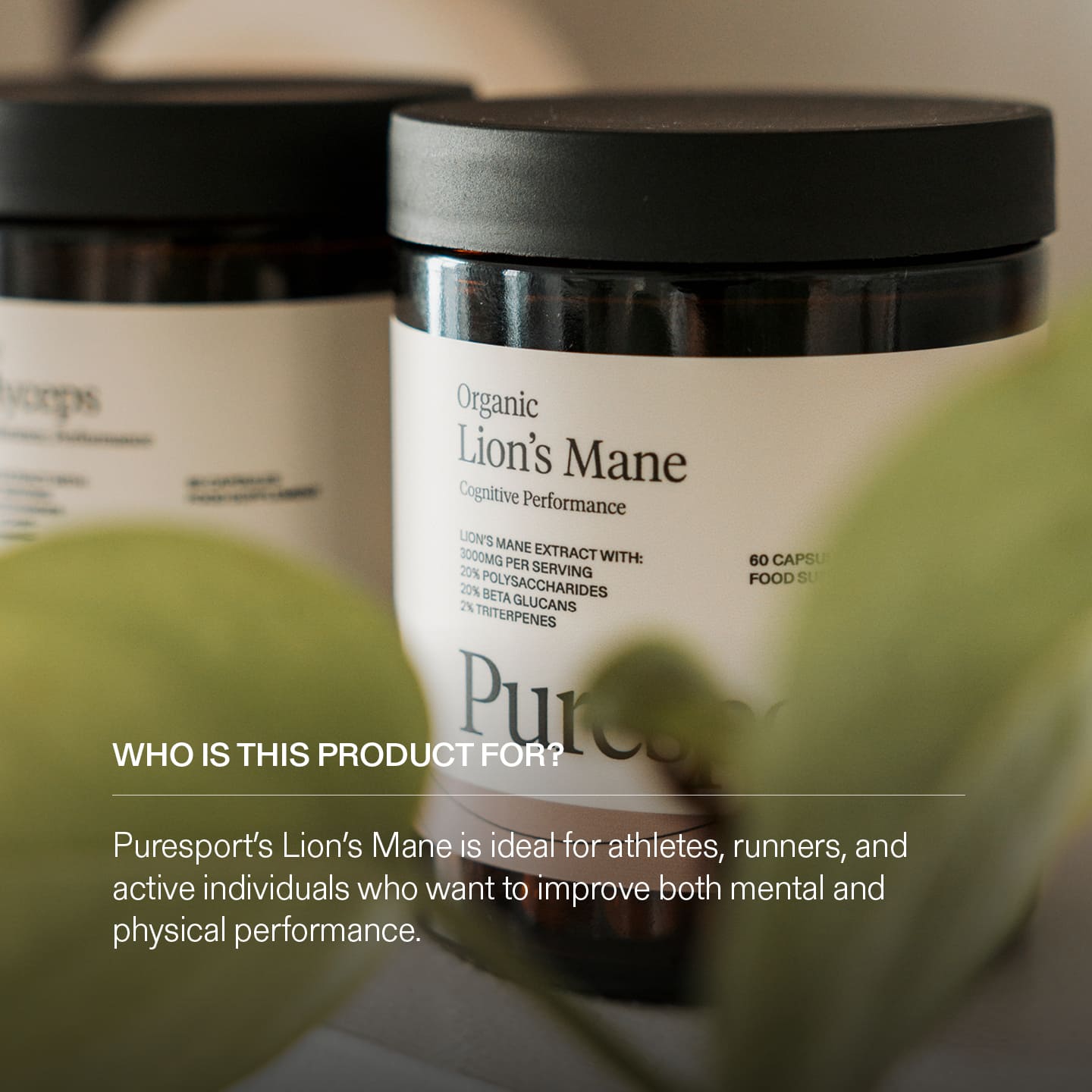 Puresport Lion's Mane supplement container with text about target users such as runners and athletes to help metal and physical performance.