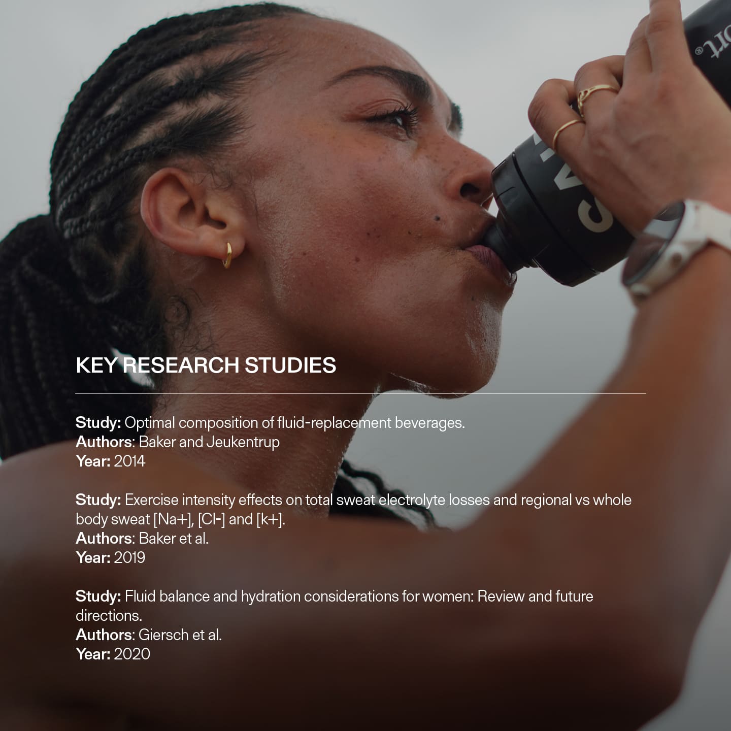 Runner drinking electrolytes by Puresport from a black sports bottle with text about key research studies on hydration and nutrition.