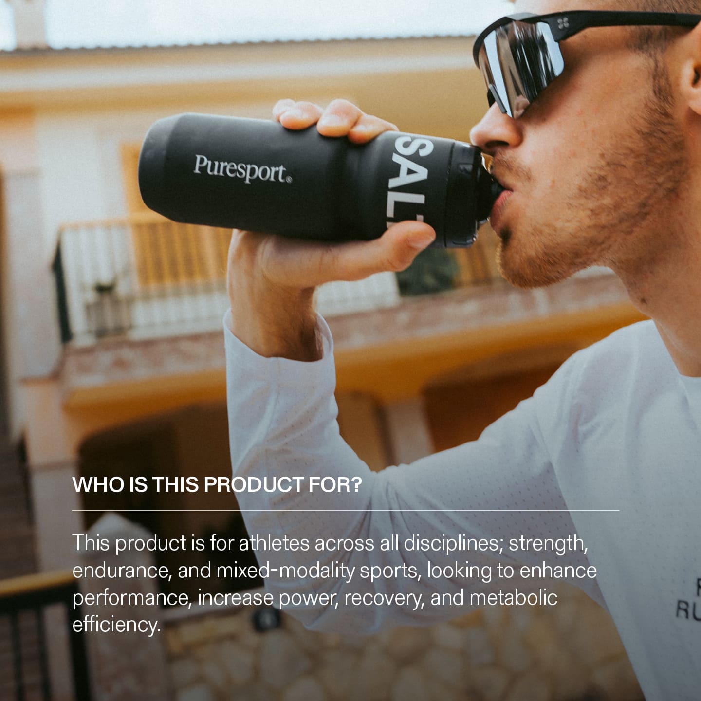 Person drinking creatine from a Puresport sports water bottle