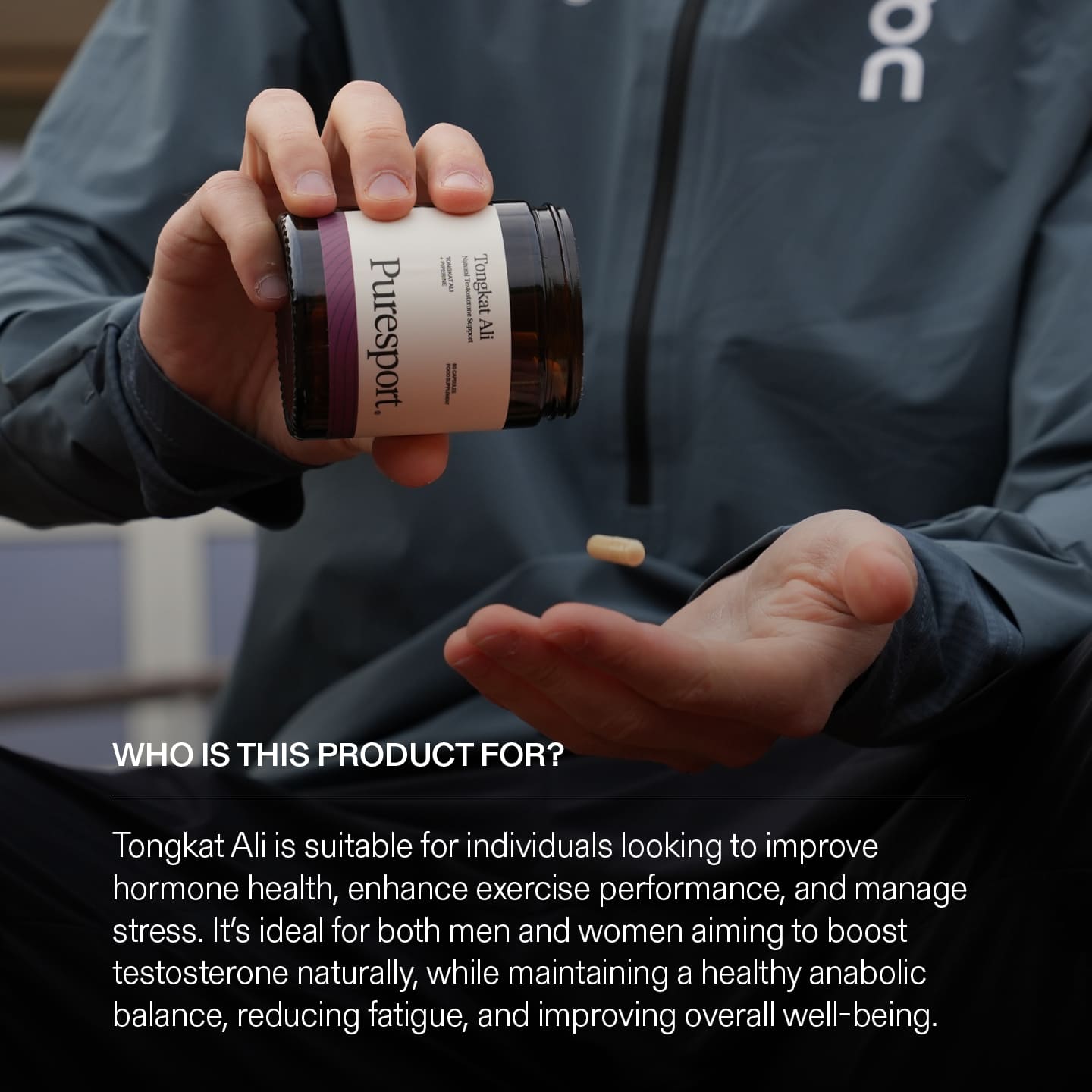 Person holding a supplement jar of Tonkat Ali labeled 'Puresport' with a pill in their hand, against a blurred indoor background.