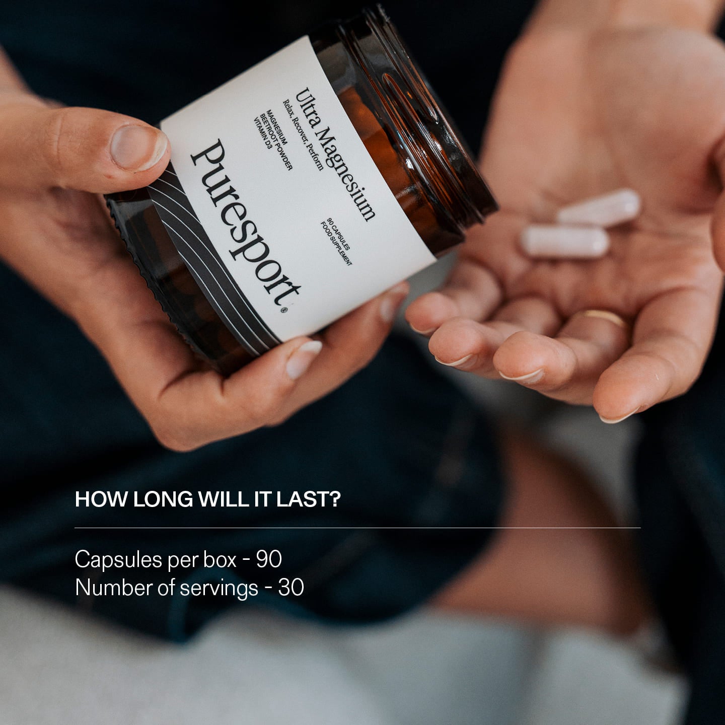 Person holding a jar of Magnesium supplements by Puresport with visible text on number of servings.