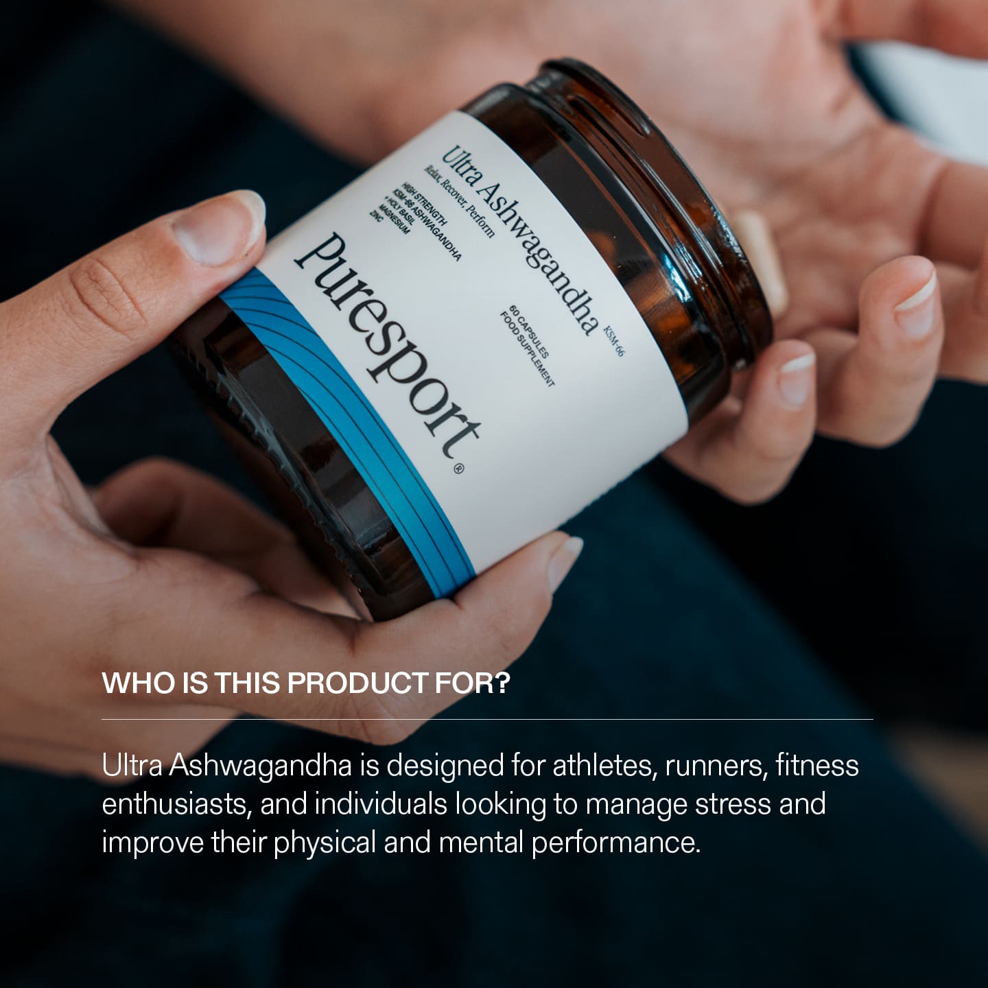 Person holding a jar of Ashwagandha by Puresport, with text about supplements use for athletes and runners to manage stress and improve performance.