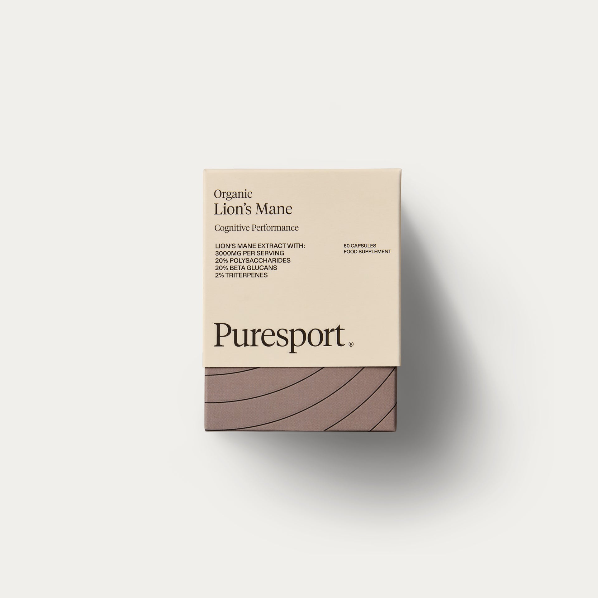 A box of supplements of lion's mane for cognitive performance by Puresport