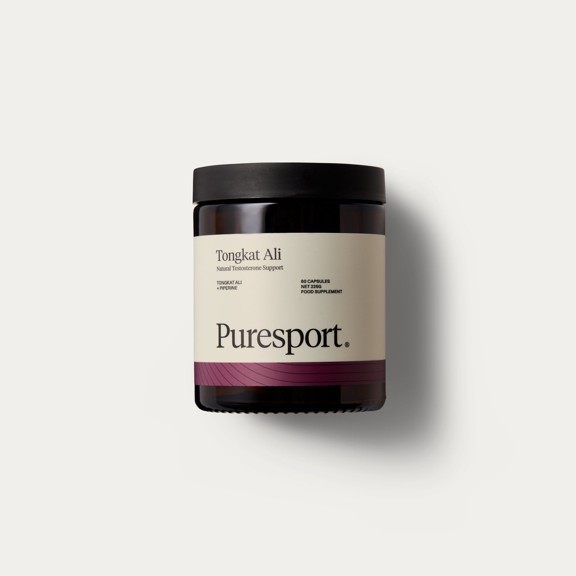 A jar of Tongkat Ali supplement by Puresport, with a labelling that helps Natural Testosterone Support.