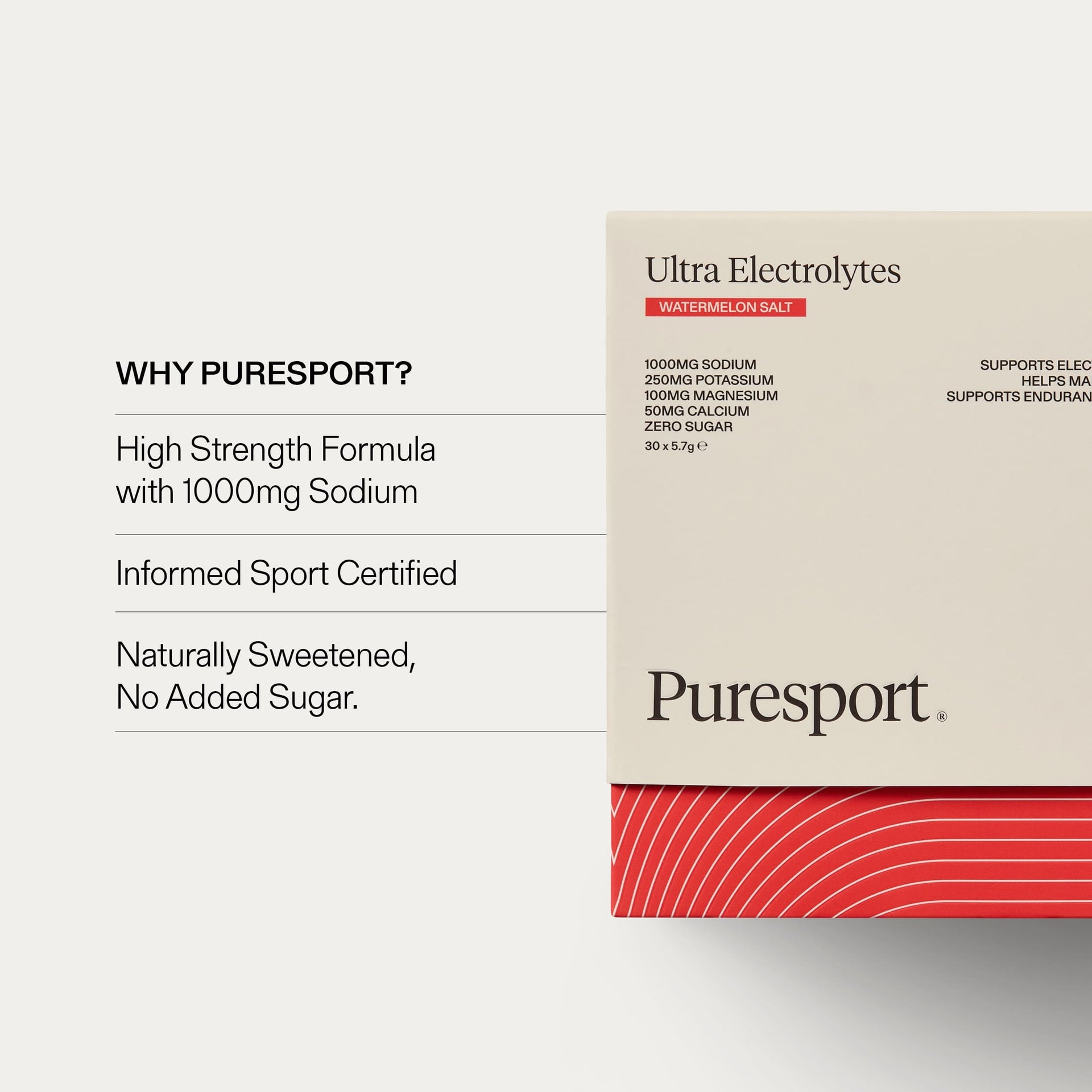 Puresport Ultra Electrolytes Box of Watermelon Salt showing high strength formula, no sugar and Informed Sport Certified.