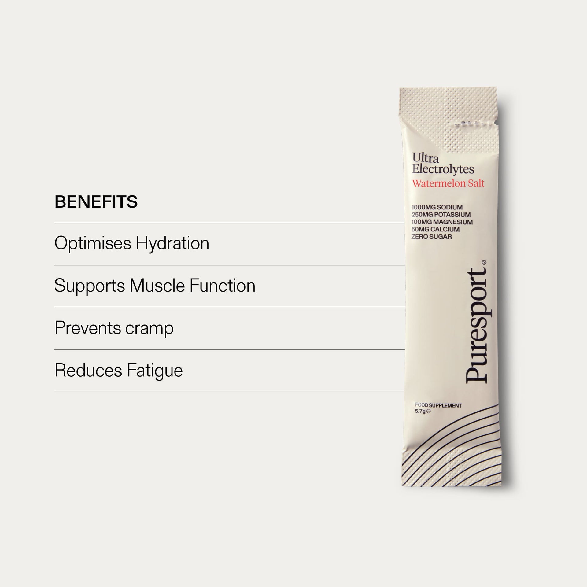Puresport ultra electrolytes sachet with benefits such as supports muscle cramps