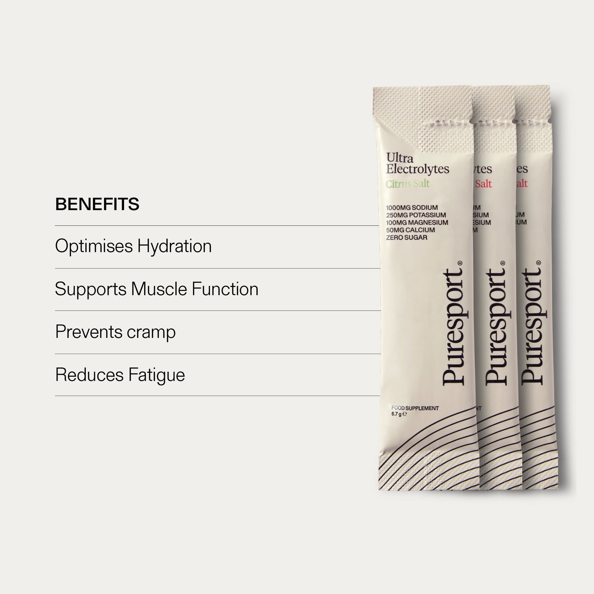 Three Puresport Ultra Electrolytes packets with benefits listed, prevents cramp, reduces fatigue and more.