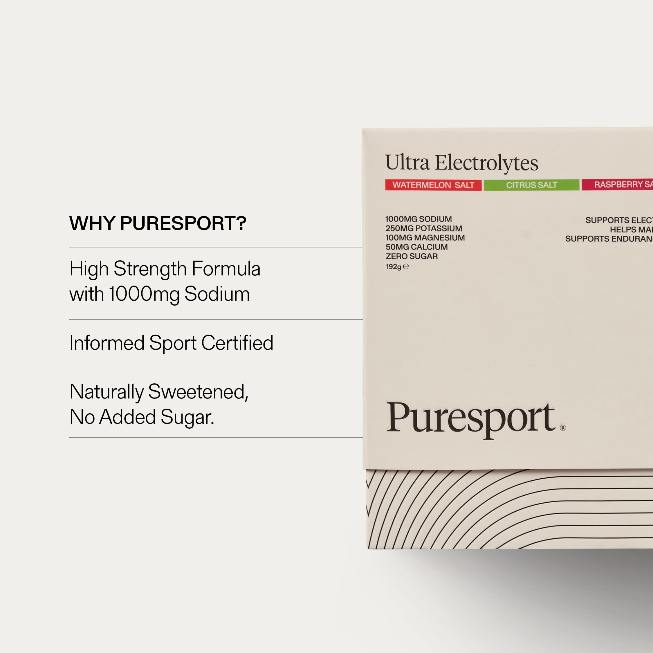 Puresport Ultra Electrolytes packaging with product benefits of using Puresport supplements