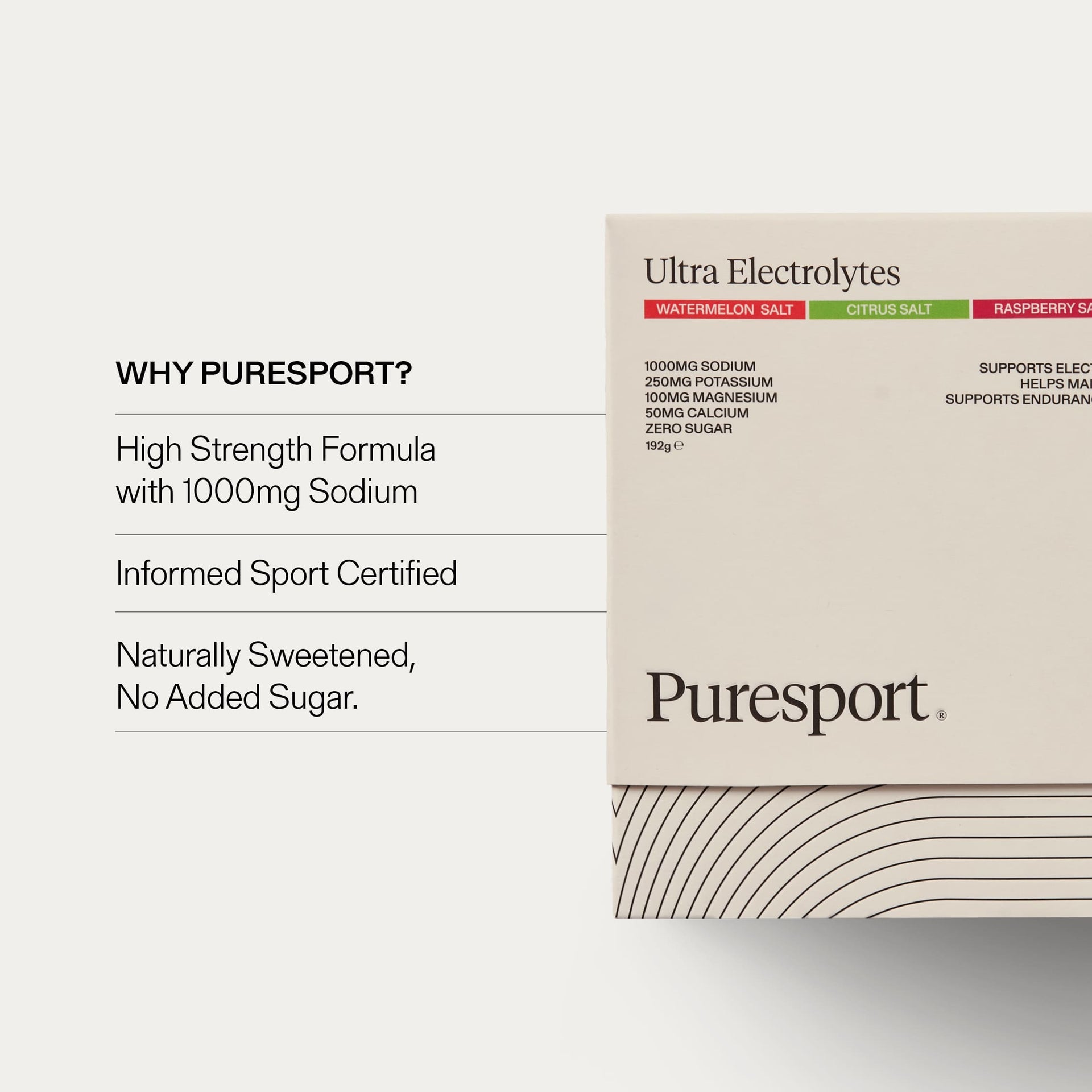 Puresport Ultra Electrolytes box and showing benefits of Puresport such as no sugar and high strength formula.
