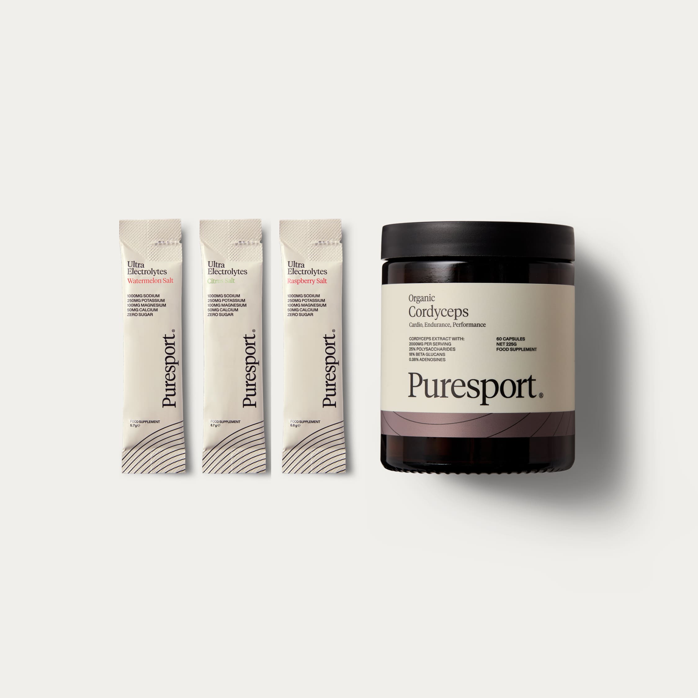 Two Puresport supplement jars: Organic Cordyceps and Tongkat Ali.