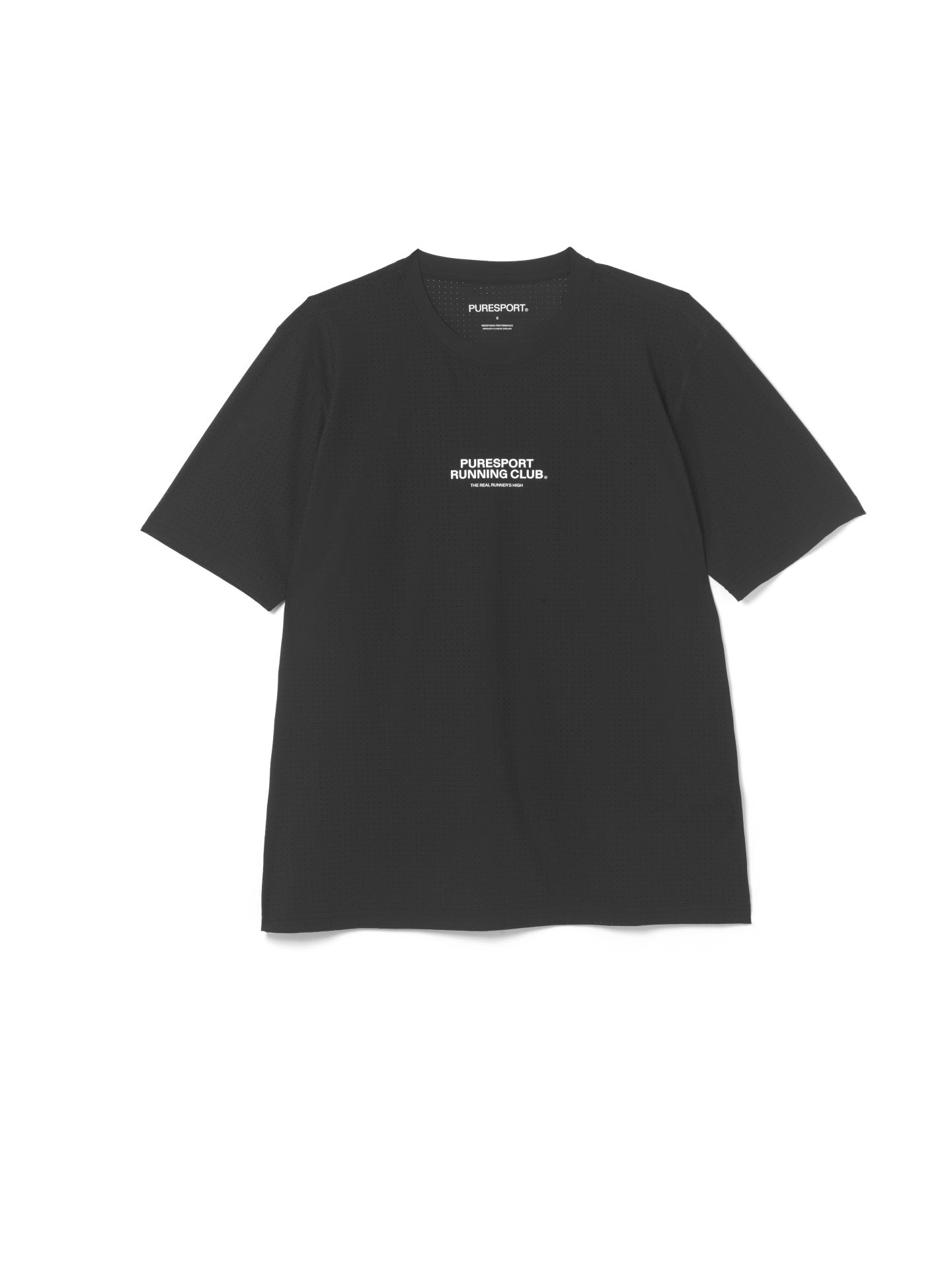 Black running t-shirt with white text on a white background