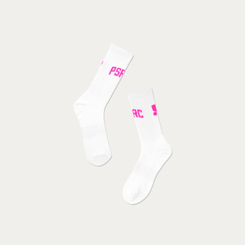 White running socks with pink Puresport branding on a light grey background