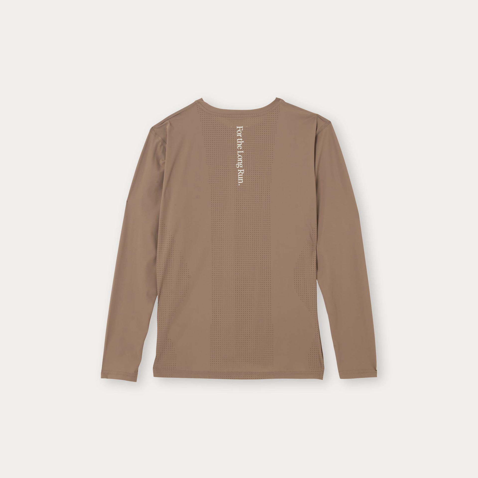 Brown run long-sleeve top with 'For the Long Run' text on the back against a white background