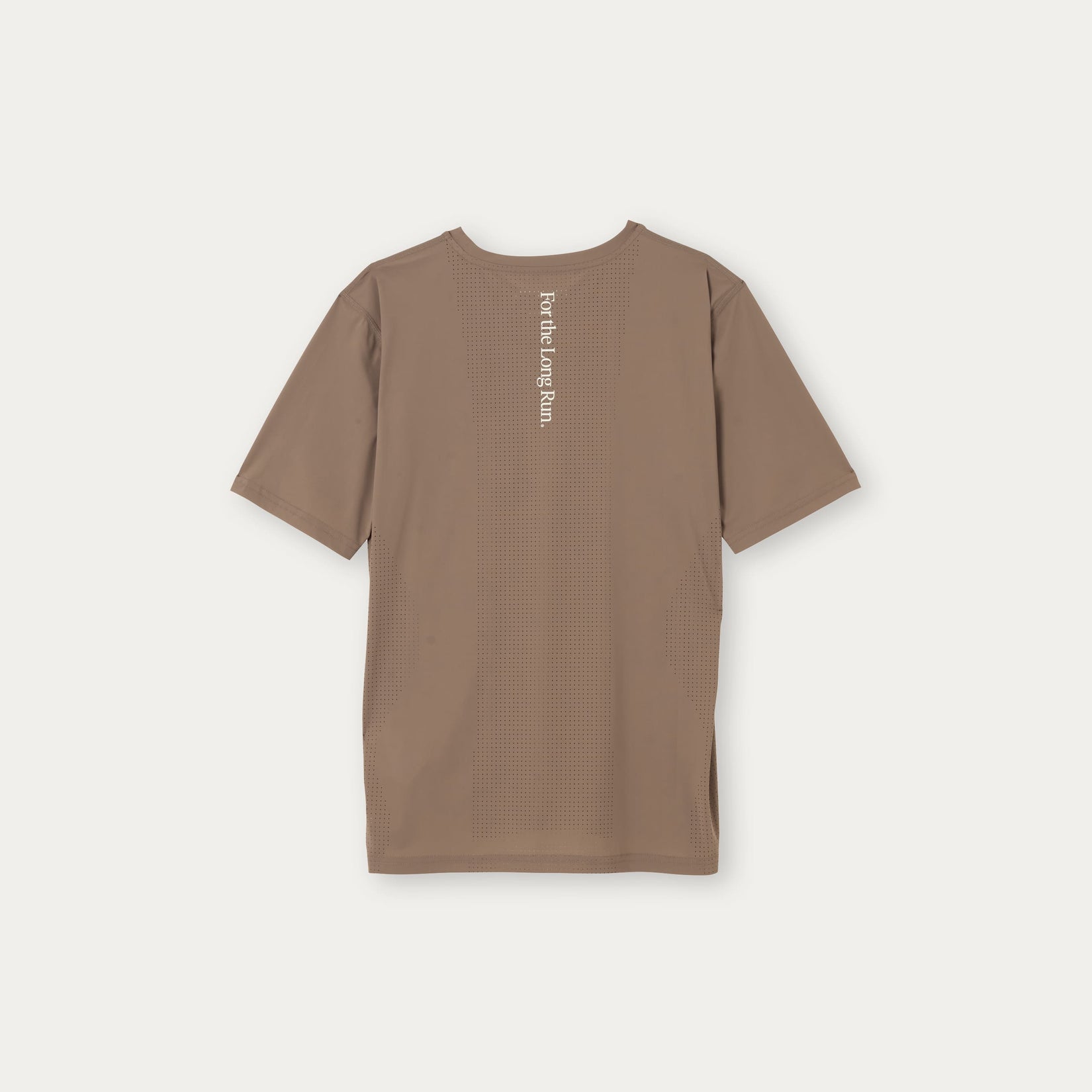 Performance running top with text on the back saying 'For the Long Run' on a white background