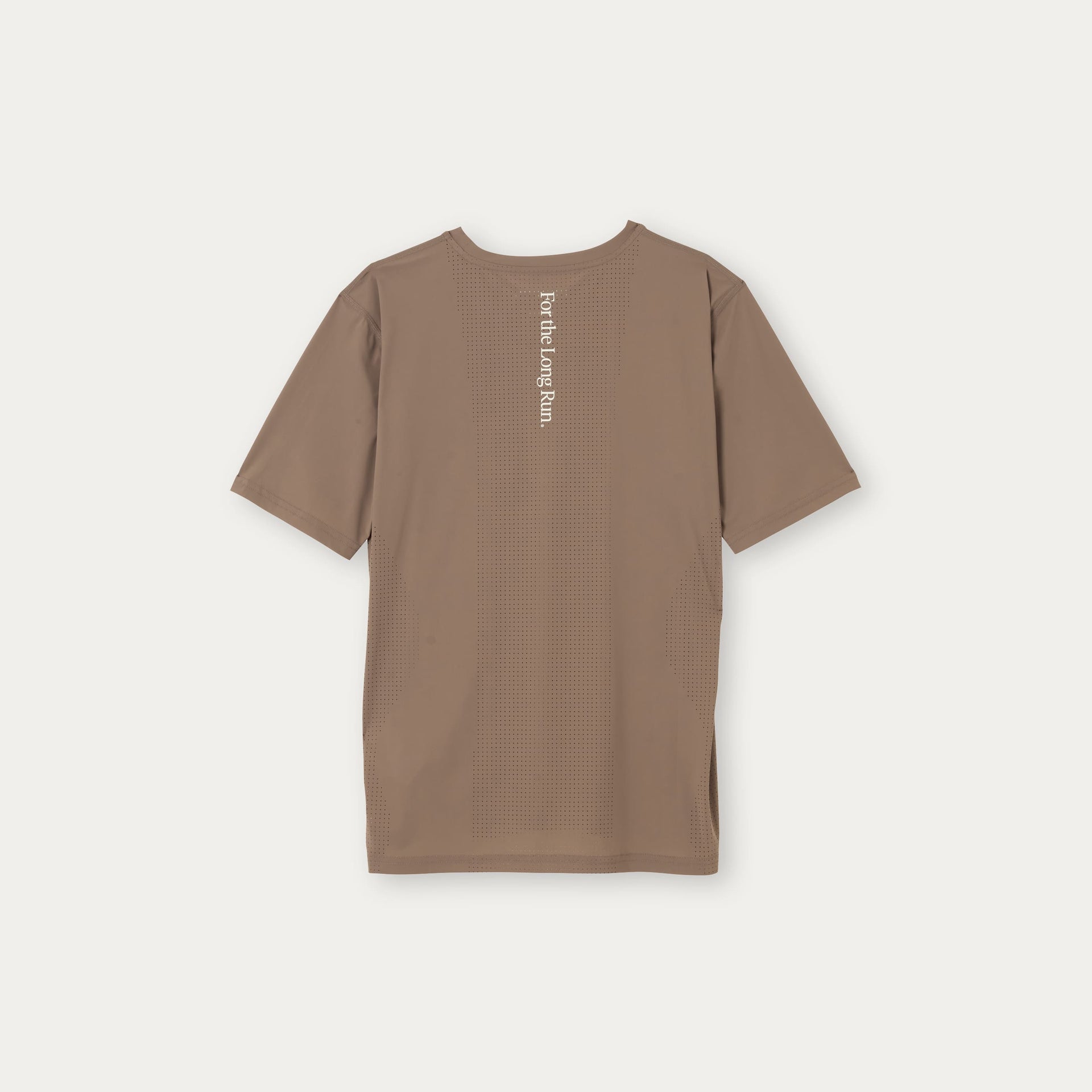 Performance running top with text on the back saying 'For the Long Run' on a white background