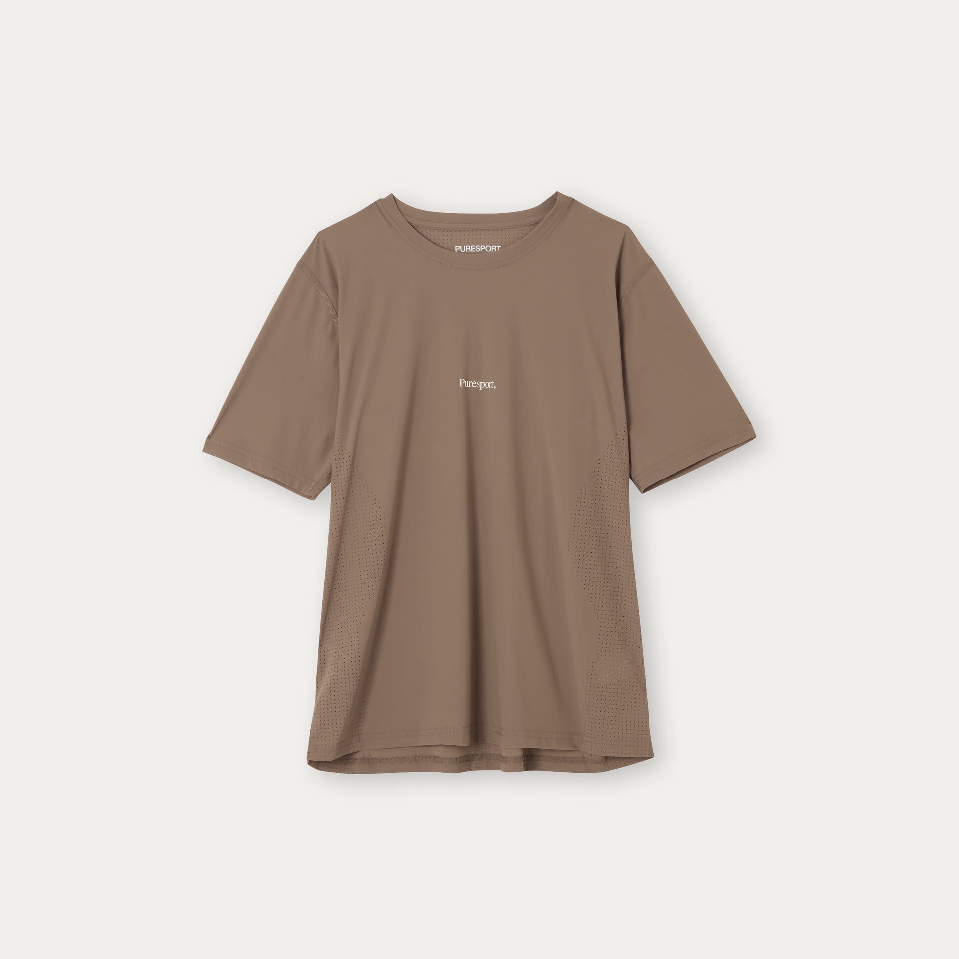 Mocha running s/s top with Puresport branding on the front on a white background.