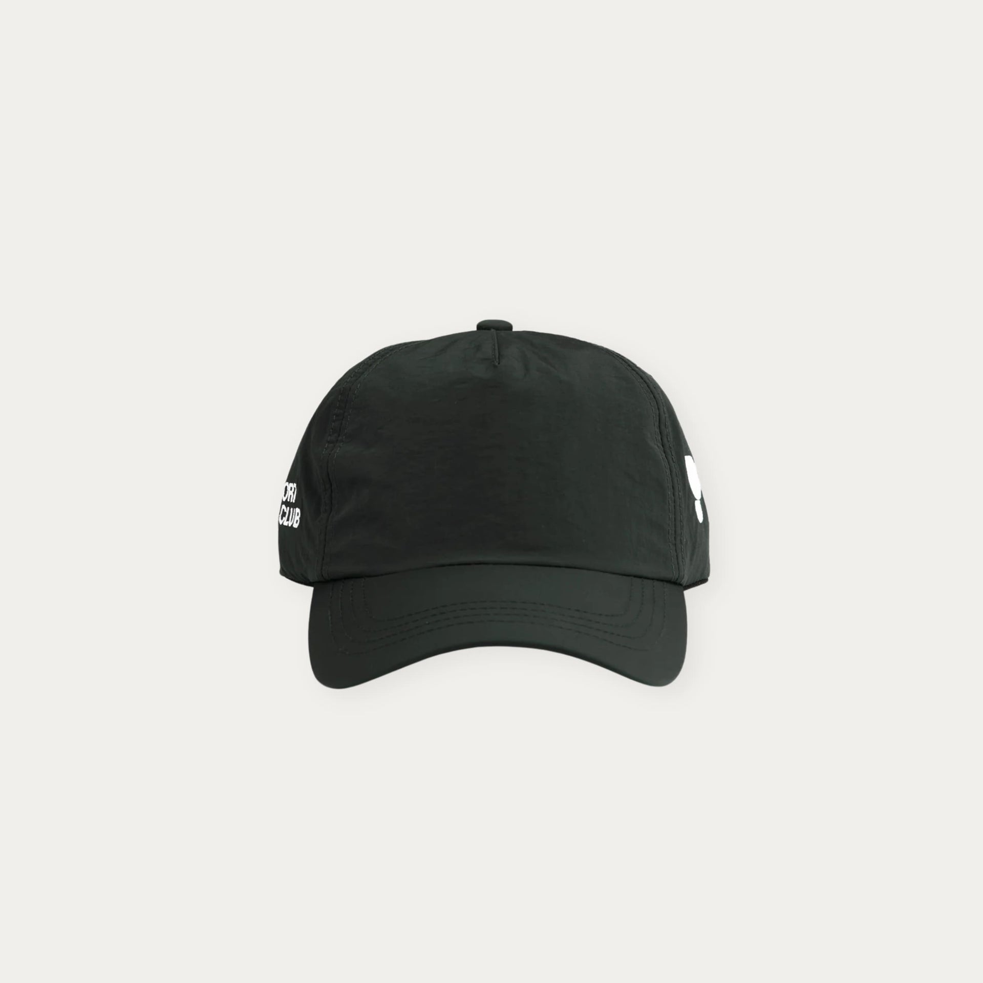 Black cap front on with white text on a light grey background