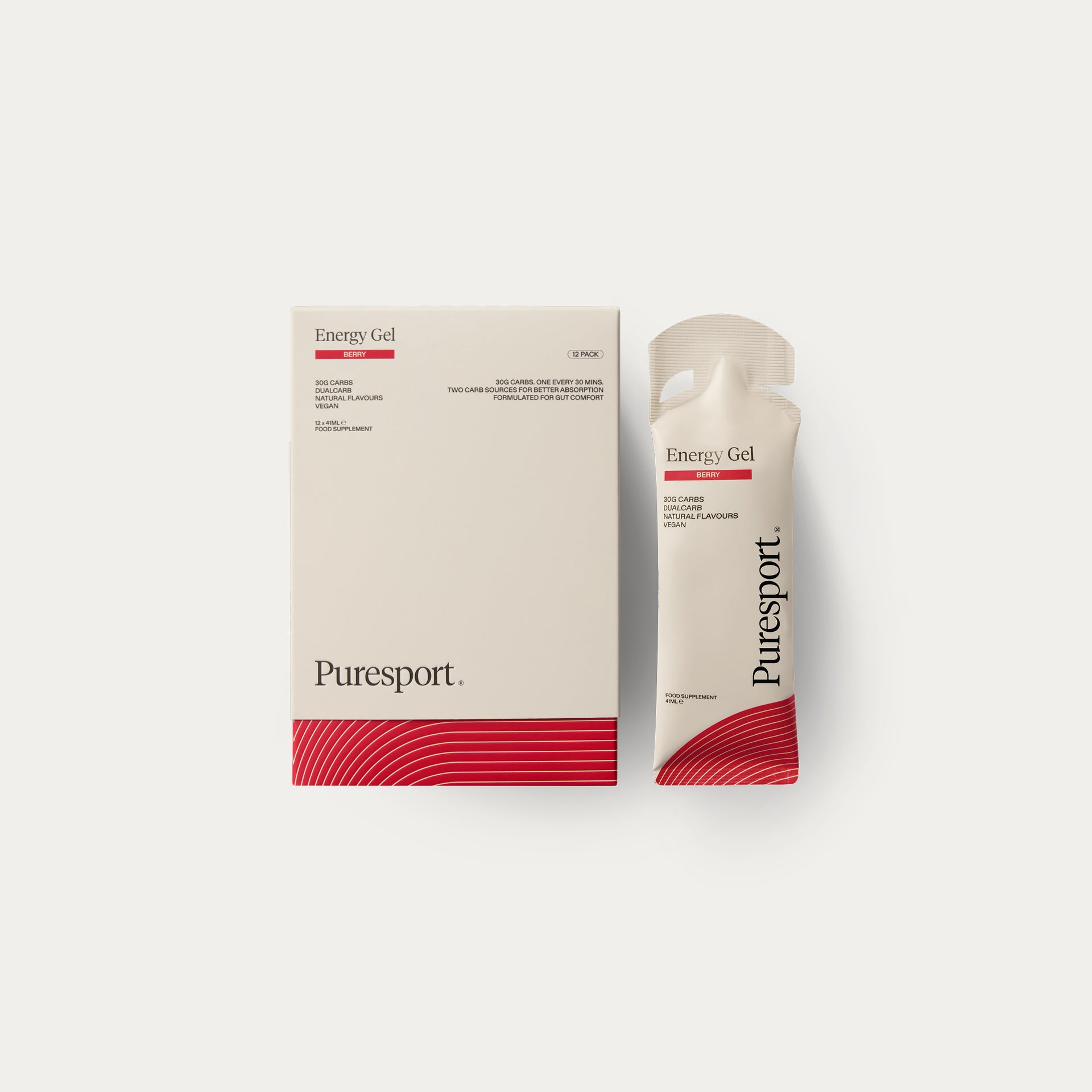 Running gels berry flavoured by Puresport with 12 gels in a box on a white background