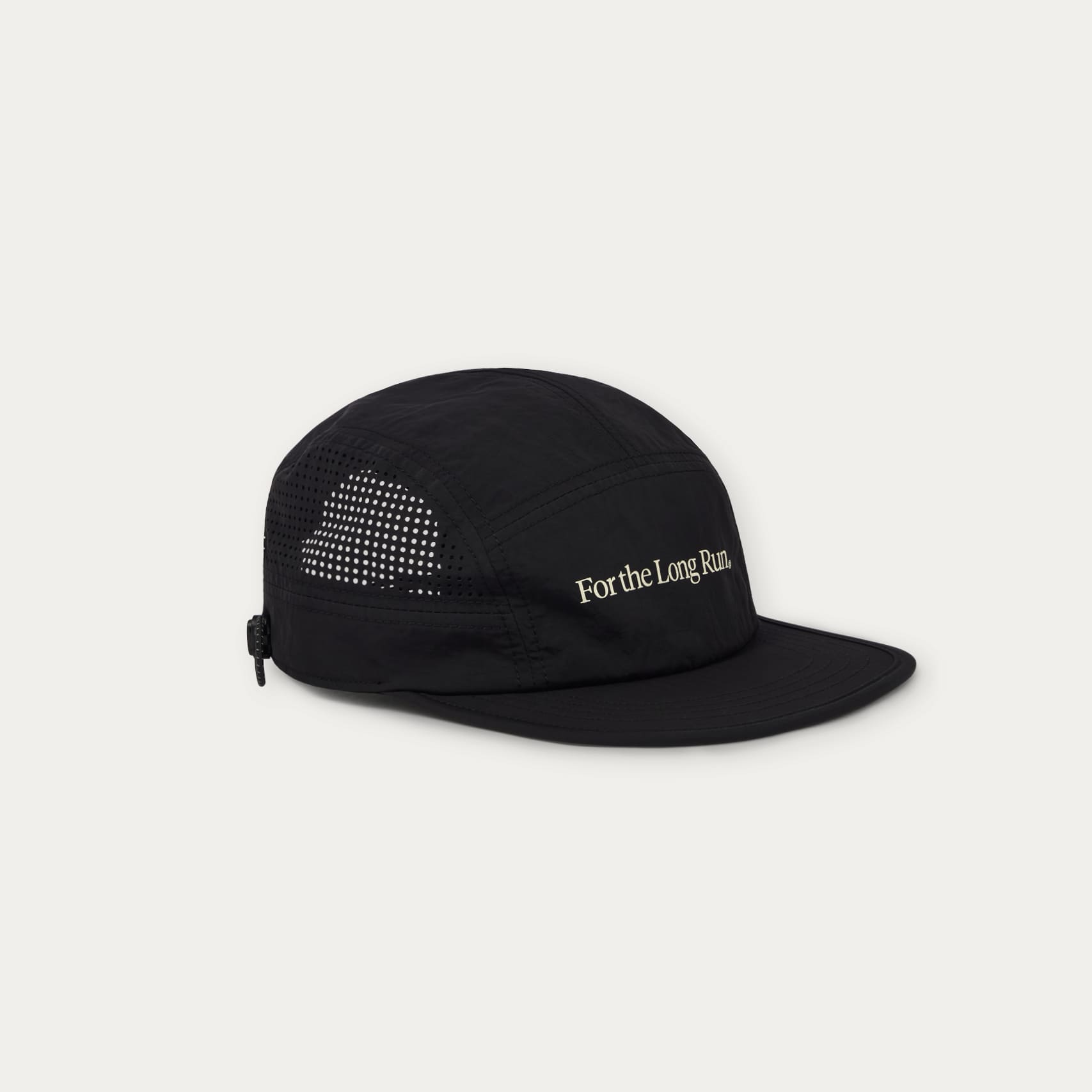 Black cap with 'For the Long Run' text on a light gray background
