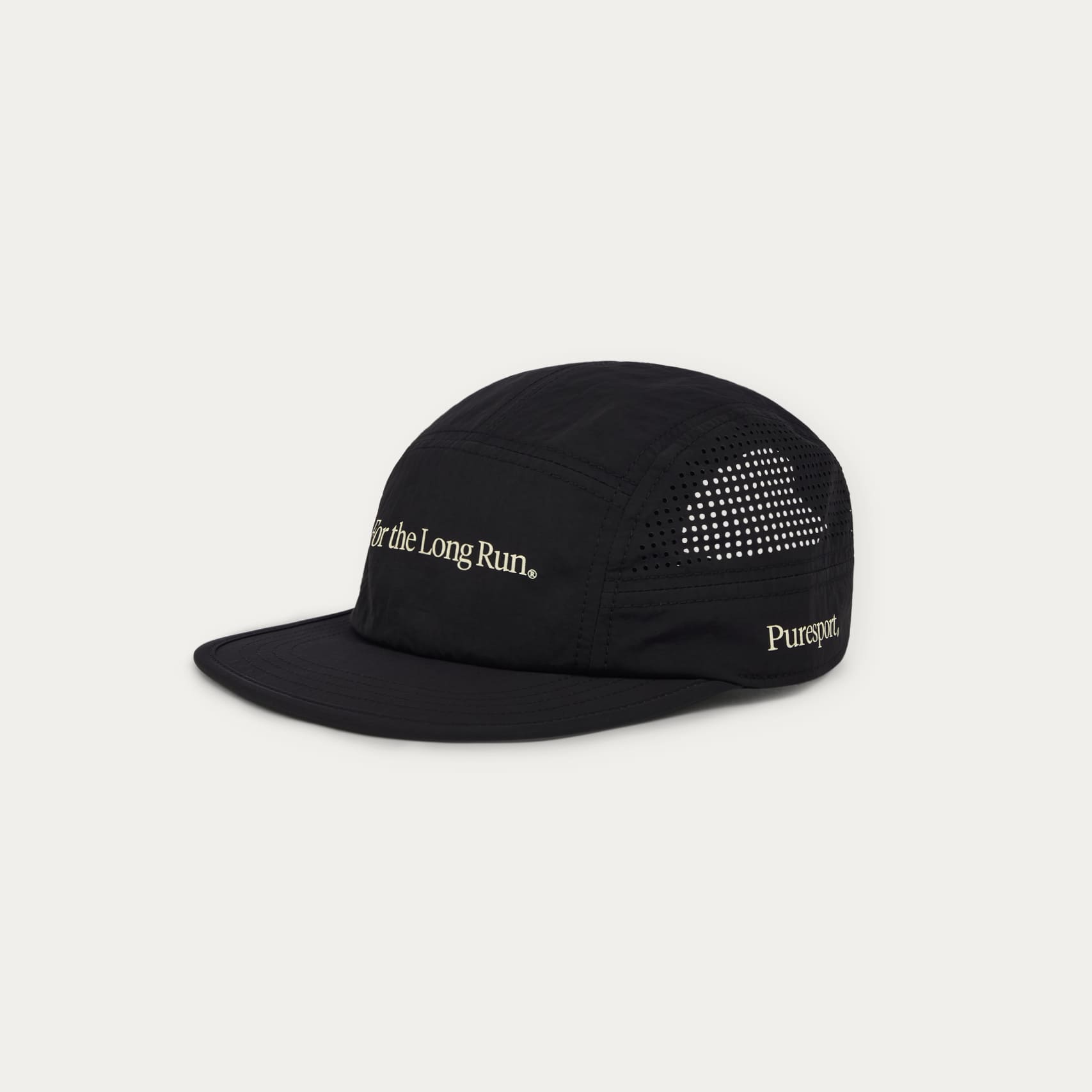 Black cap with text on a light gray background