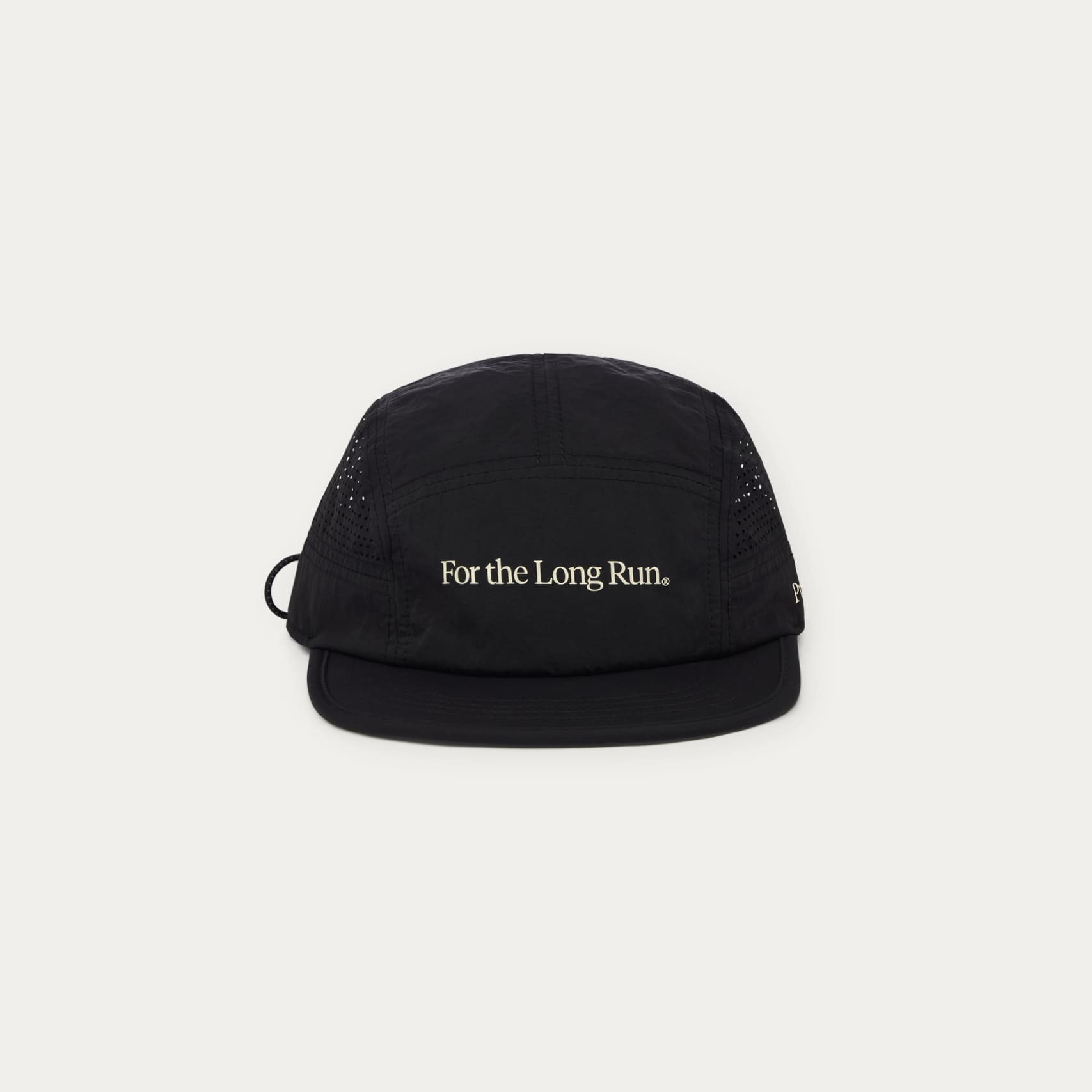 Black run hat with 'For the Long Run' text on a white background