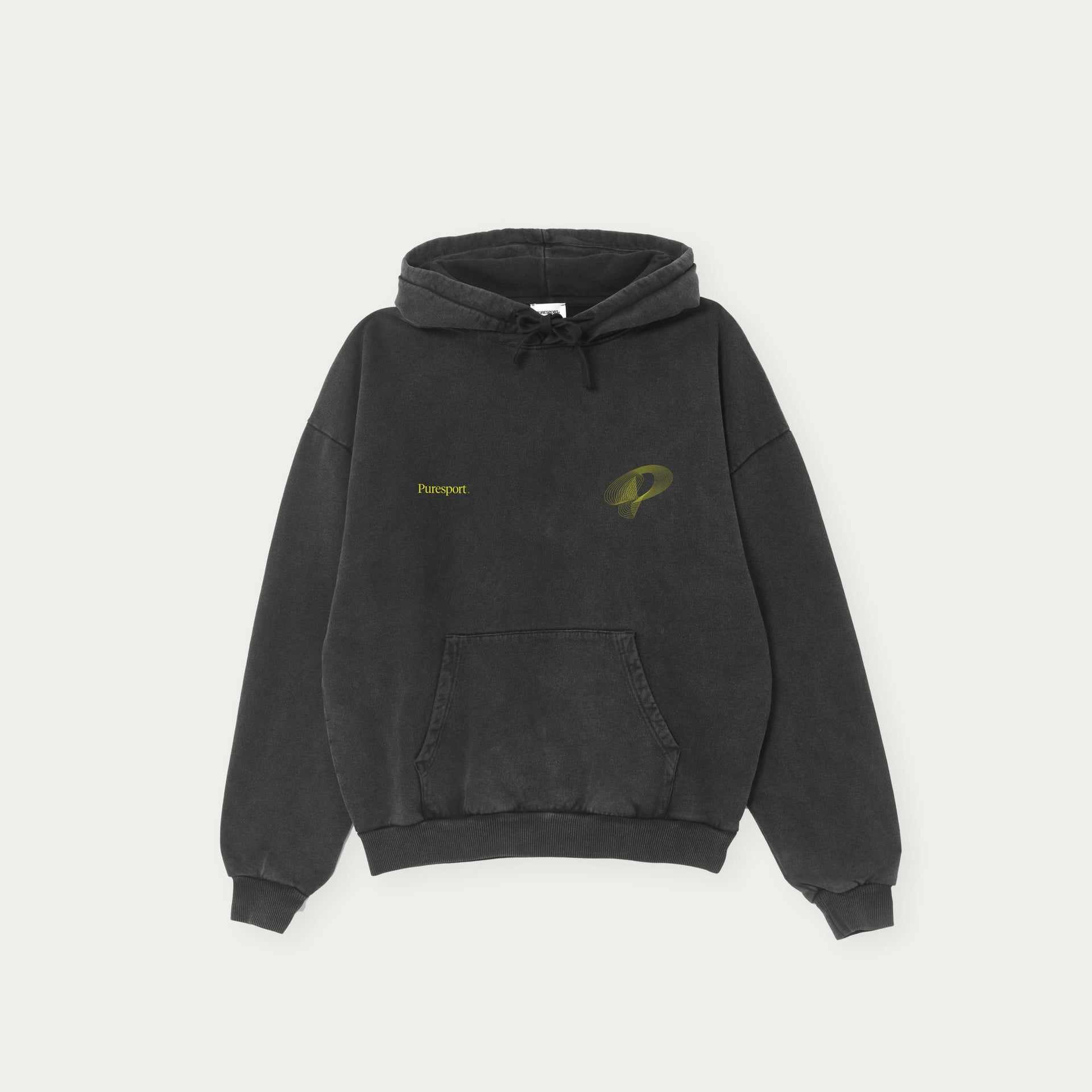Black run hoodie with a yellow Puresport and graphic on the front