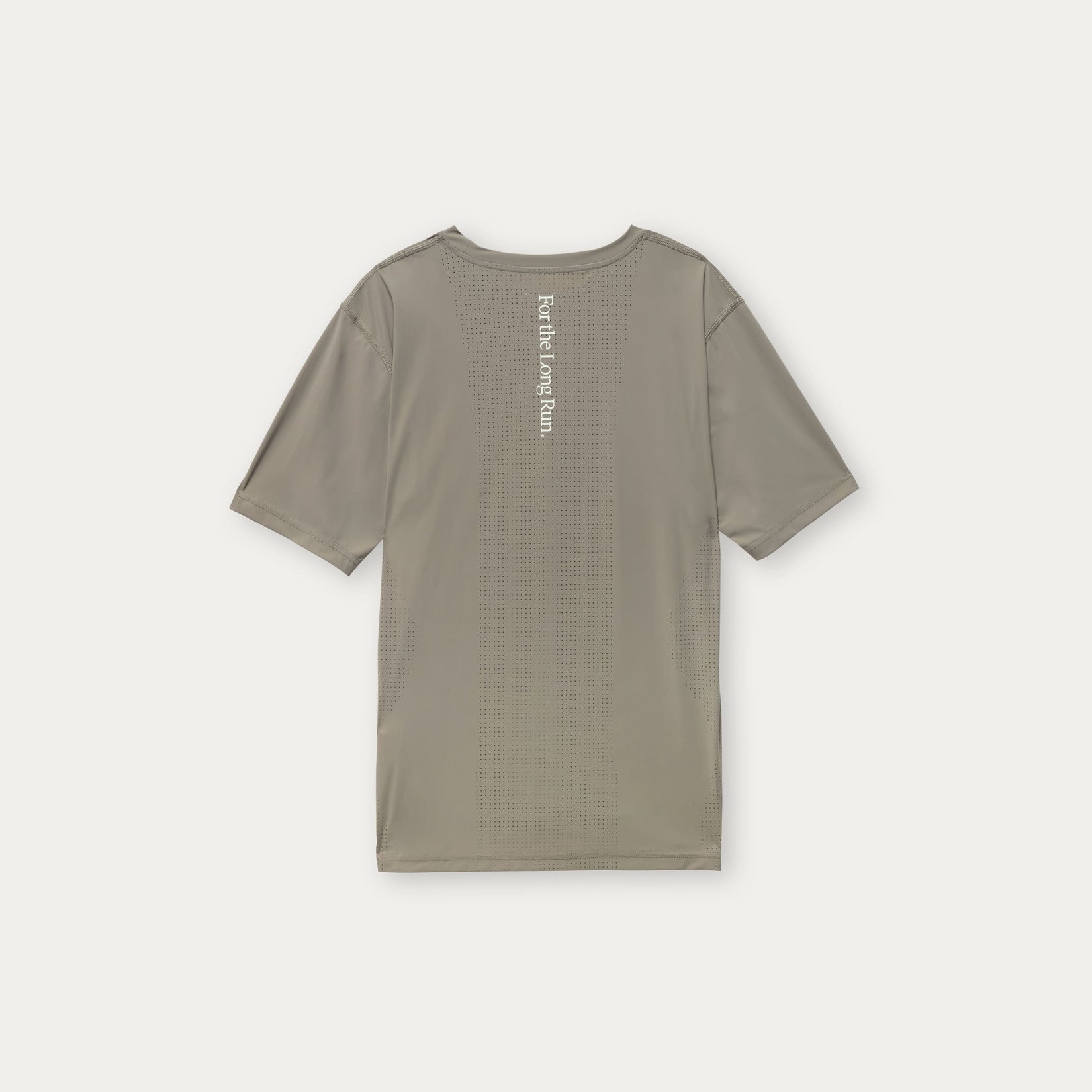 Olive t-shirt with text of For the Long Run the back on a white background