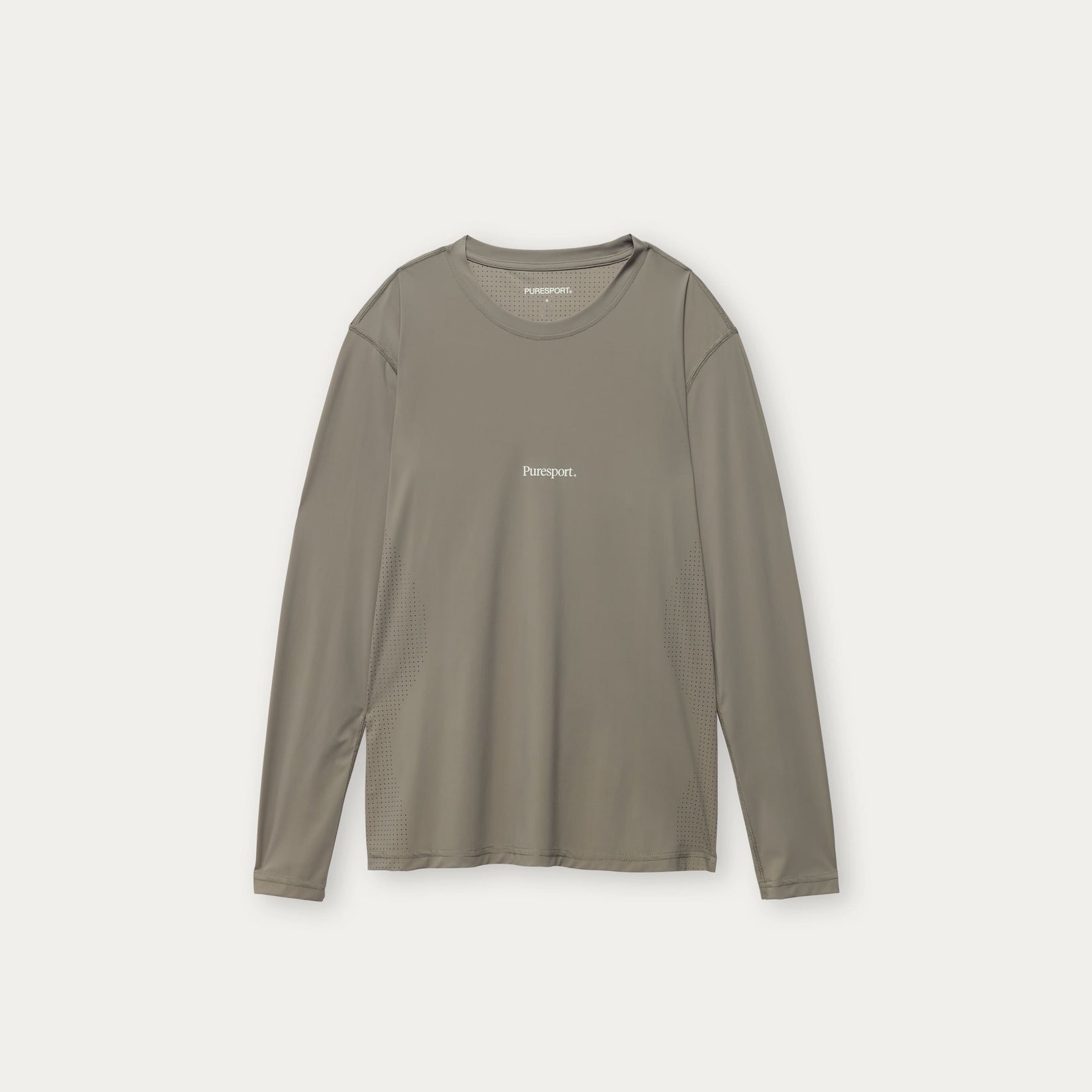 Olive long-sleeve shirt, panel perforated for running on a white background with Puresport logo in the middle. 