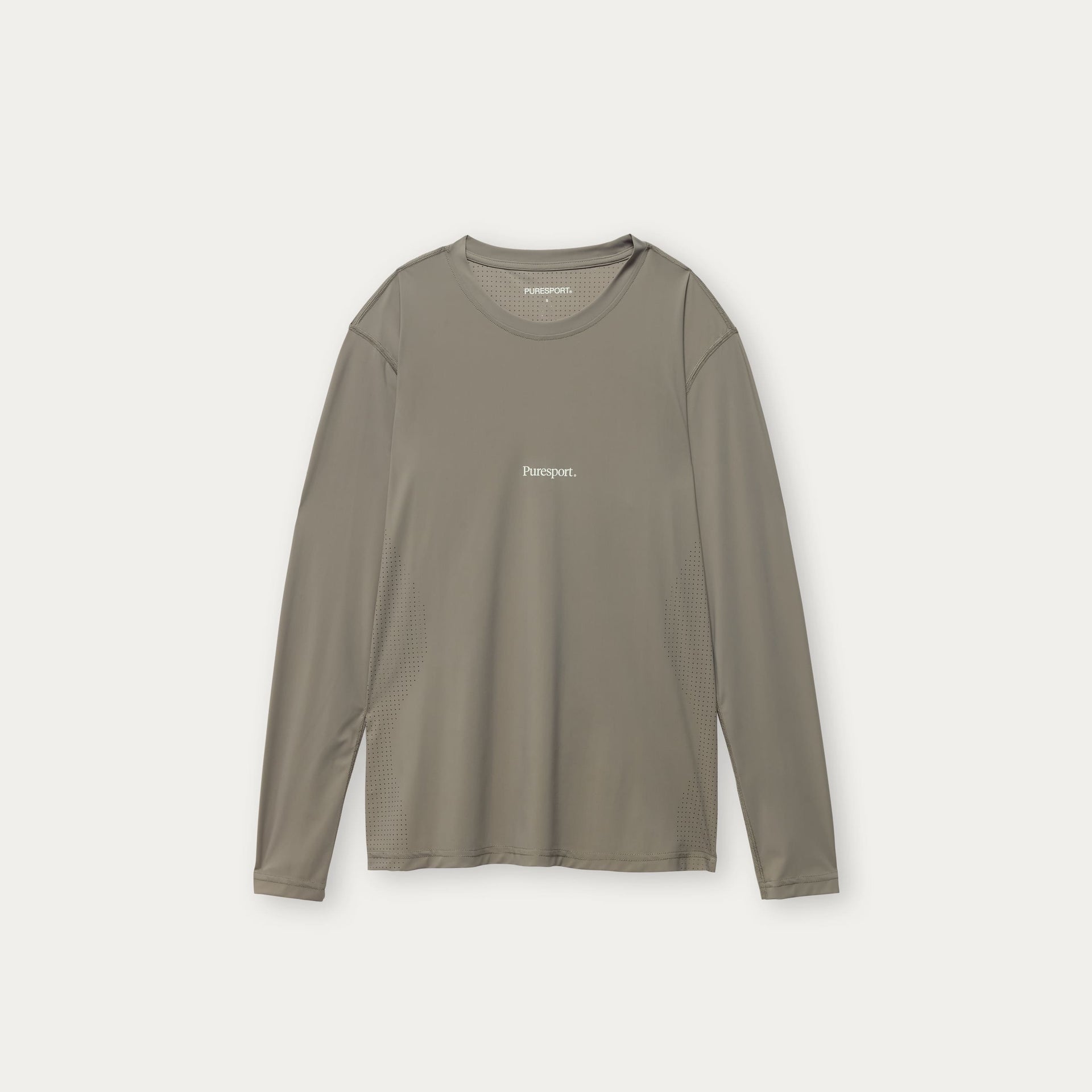 Olive long-sleeve shirt, panel perforated for running on a white background with Puresport logo in the middle. 