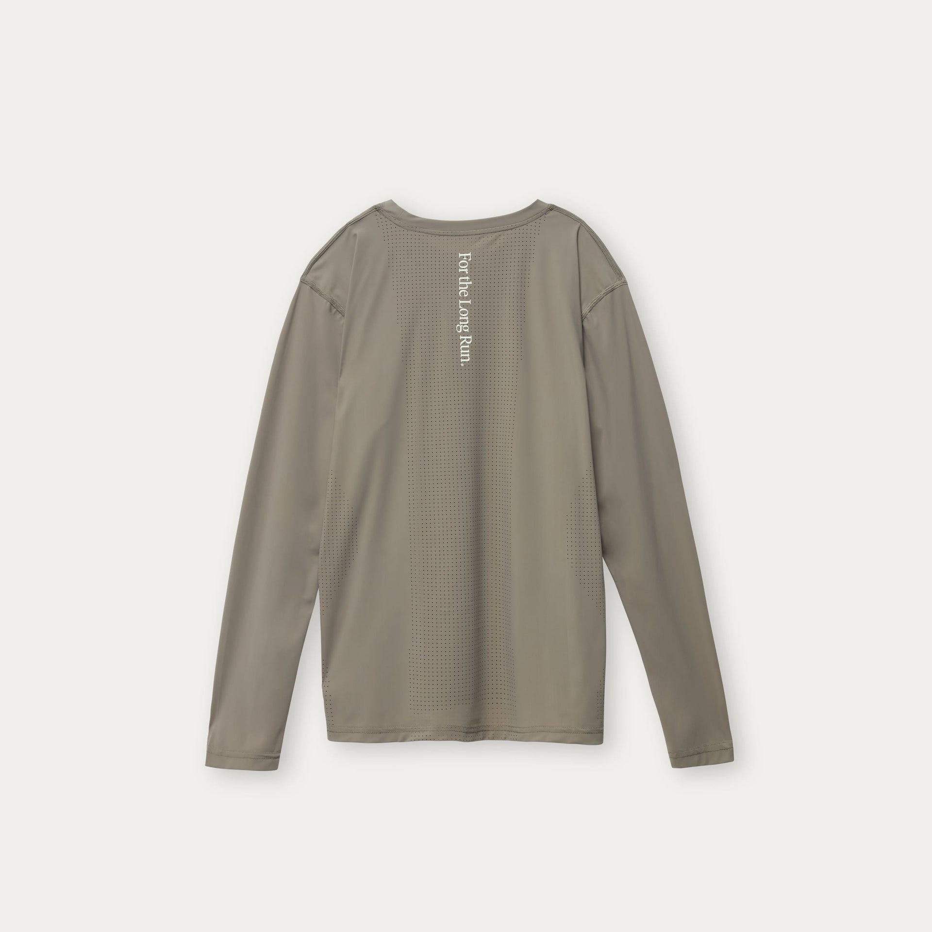 Olive long-sleeve shirt for running with For the Long Run text on the back on a white background