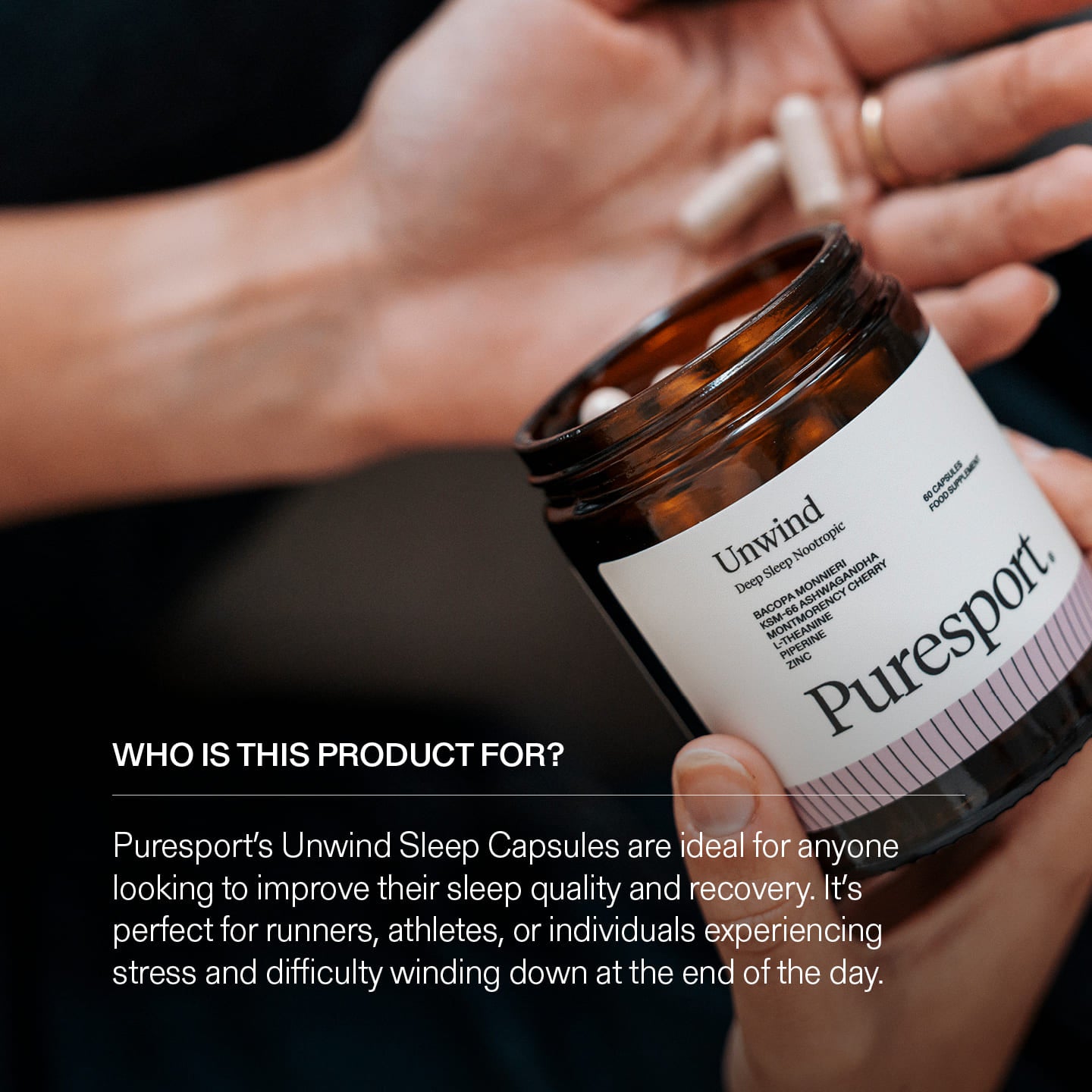 Puresport Unwind Sleep Capsules being poured into a hand with product description text.