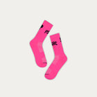 Pair of bright pink socks with black Puresport branding, great for running. 