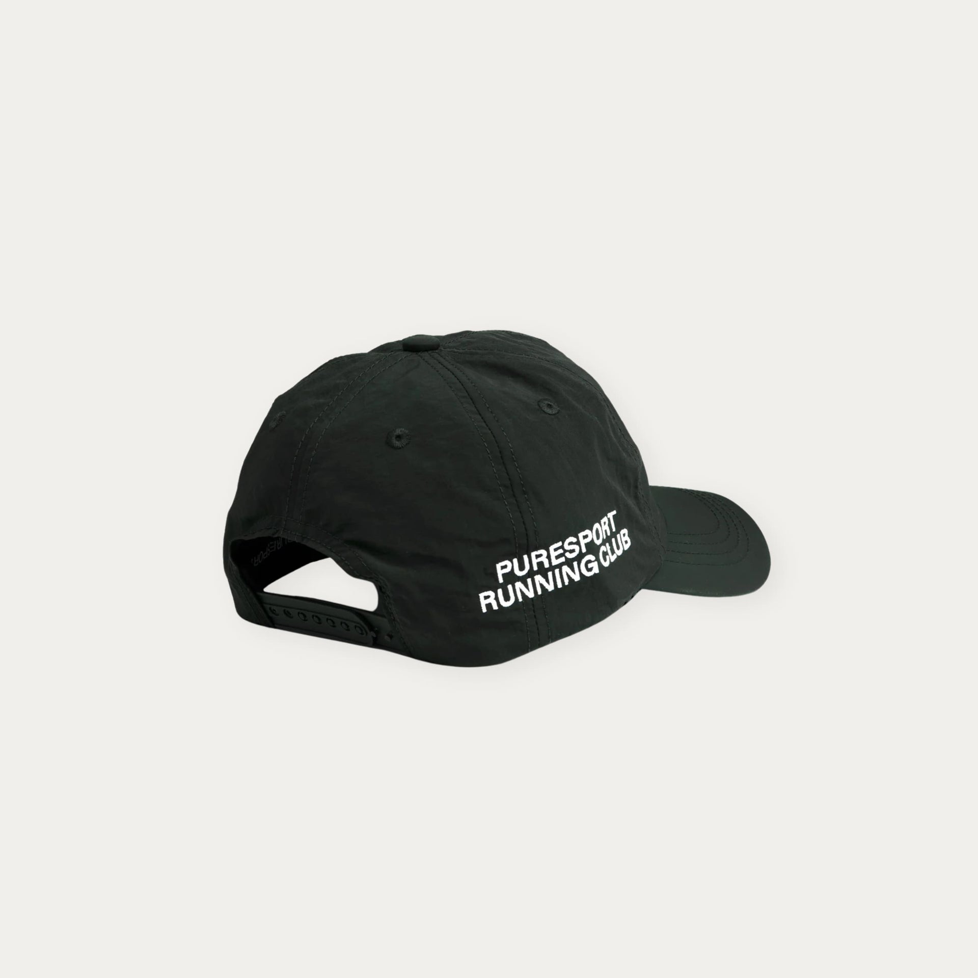 Black cap with 'PURESPORT RUNNING CLUB' text on a white background