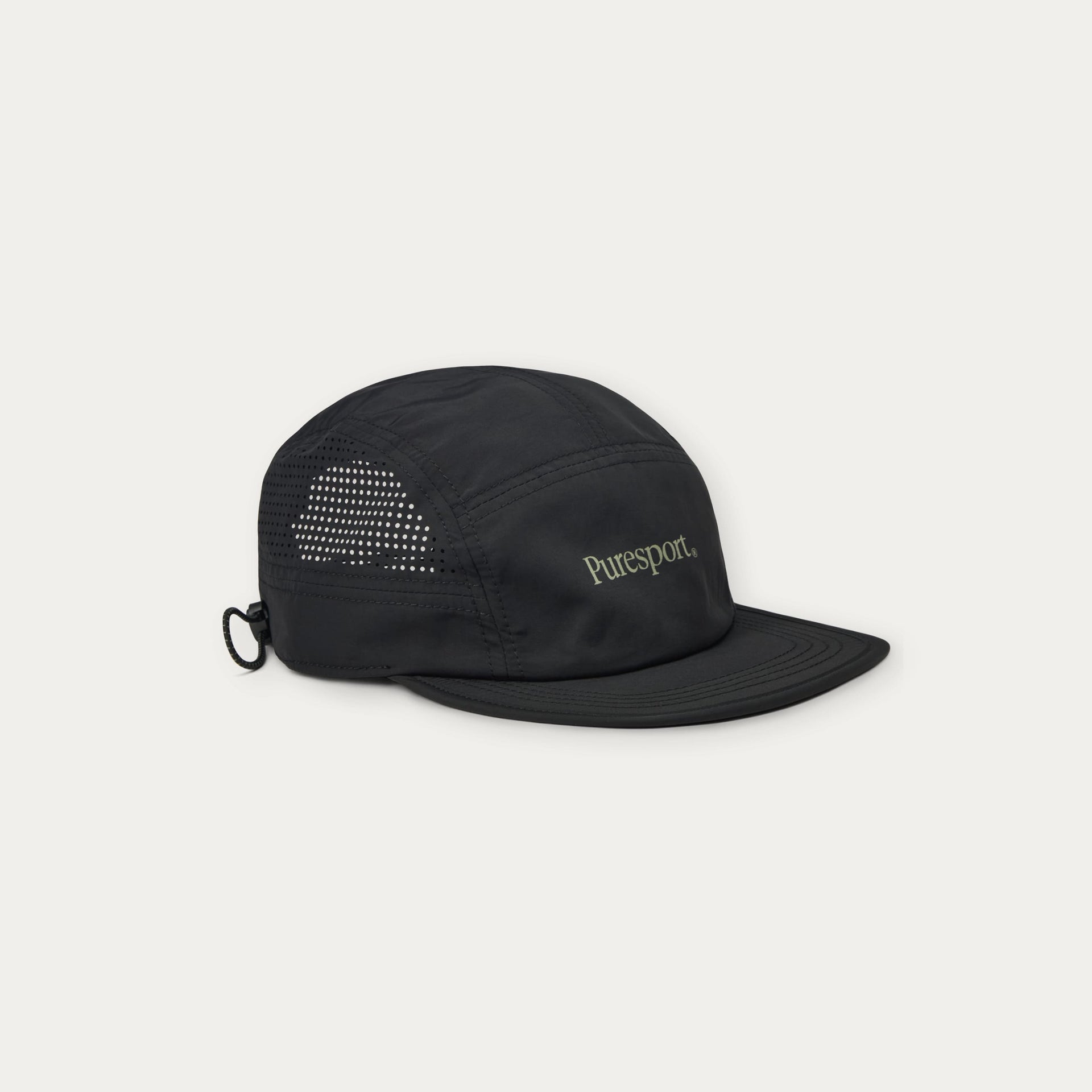 Black runcap with 'Puresport' logo on a light gray background