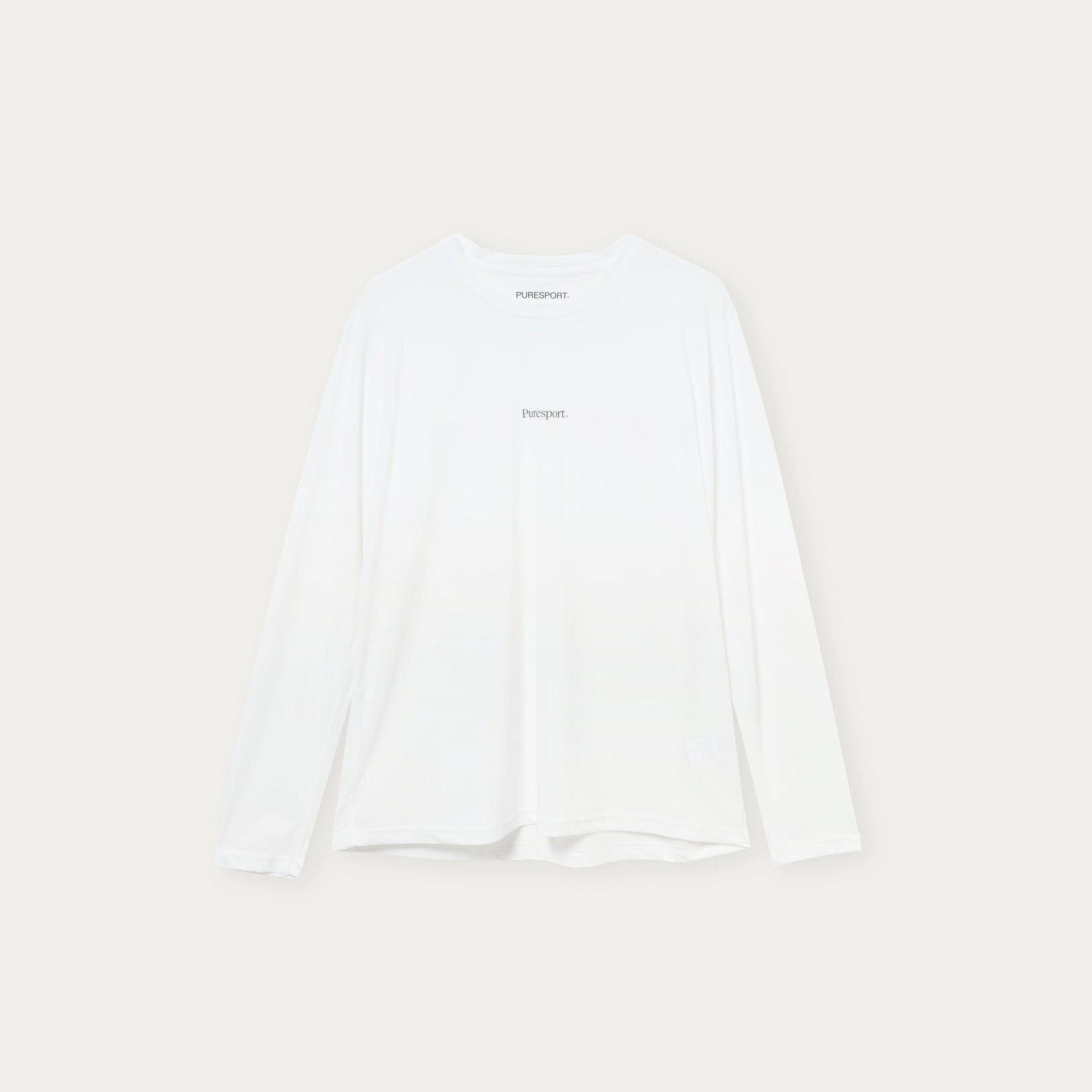 White performance long-sleeve top with black text of Puresport branding.