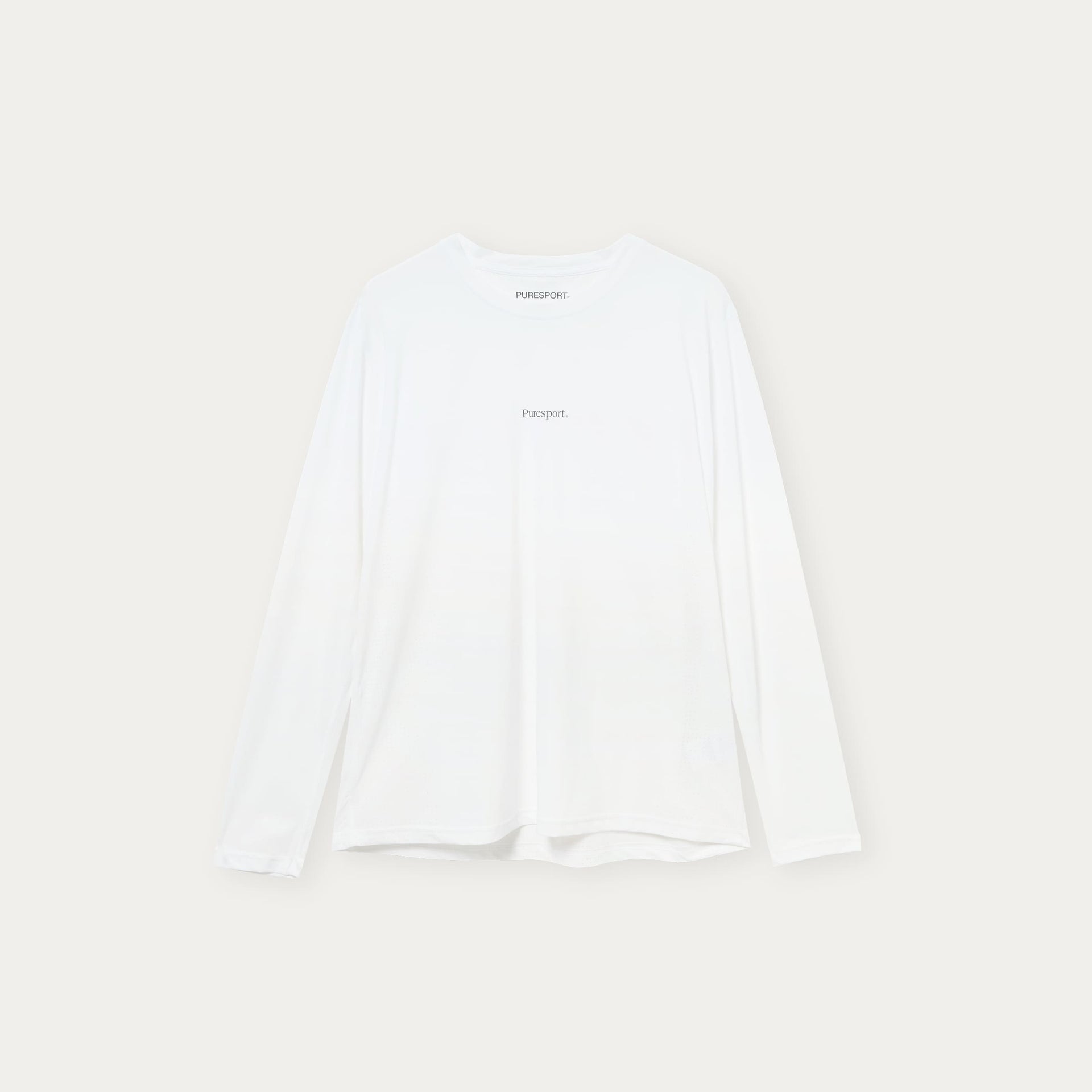 White performance long-sleeve top with black text of Puresport branding.