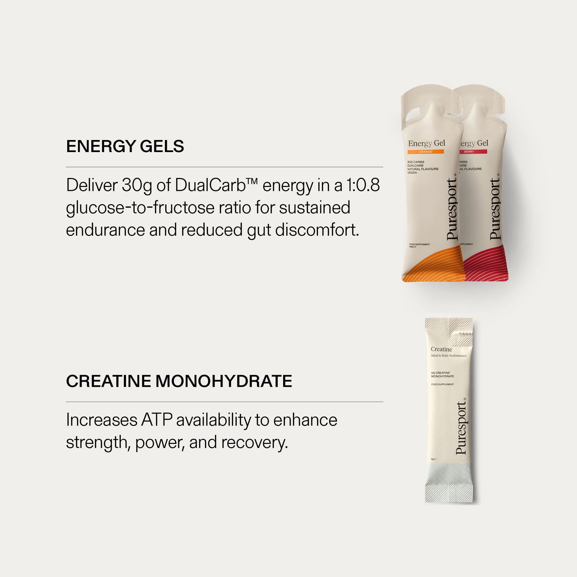 Puresport carbohydrate gels and creatine monohydrate benefits on a white background