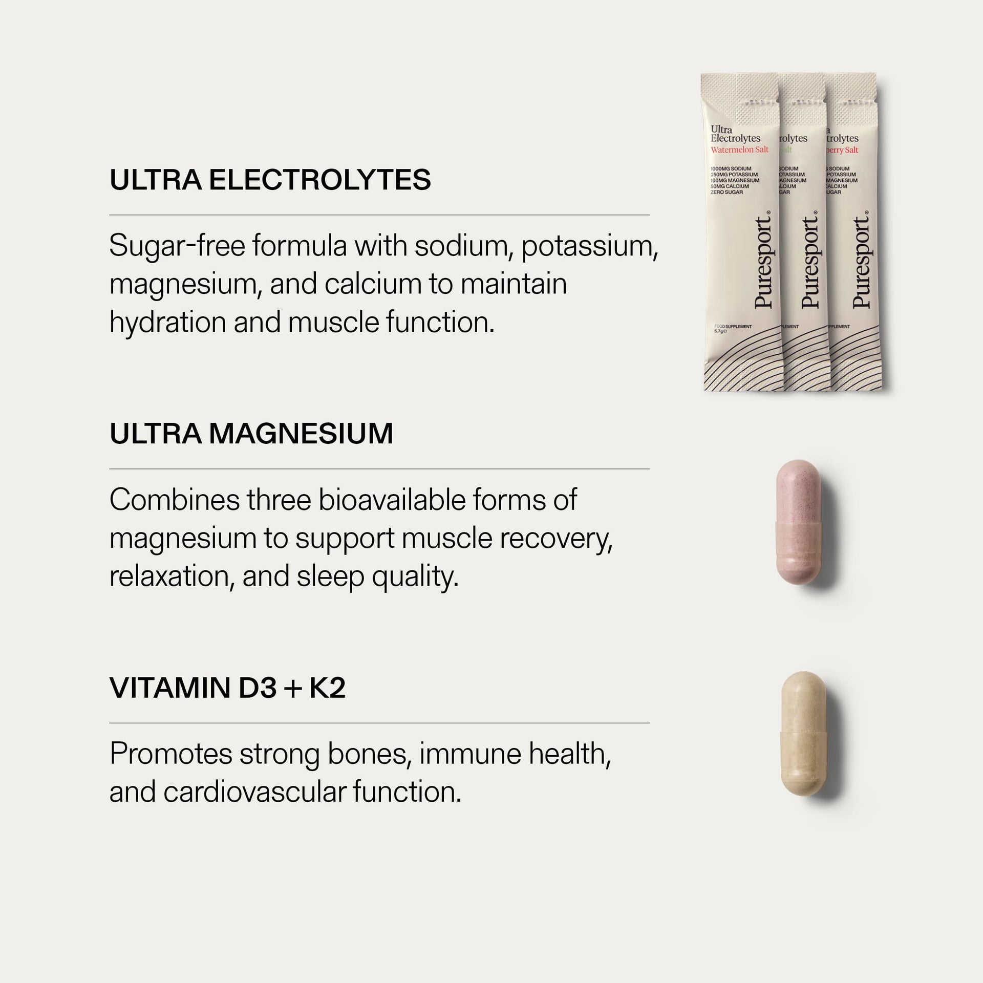 Puresport supplement benefits of electrolytes, magnesium and vitamin D3 + k2. 